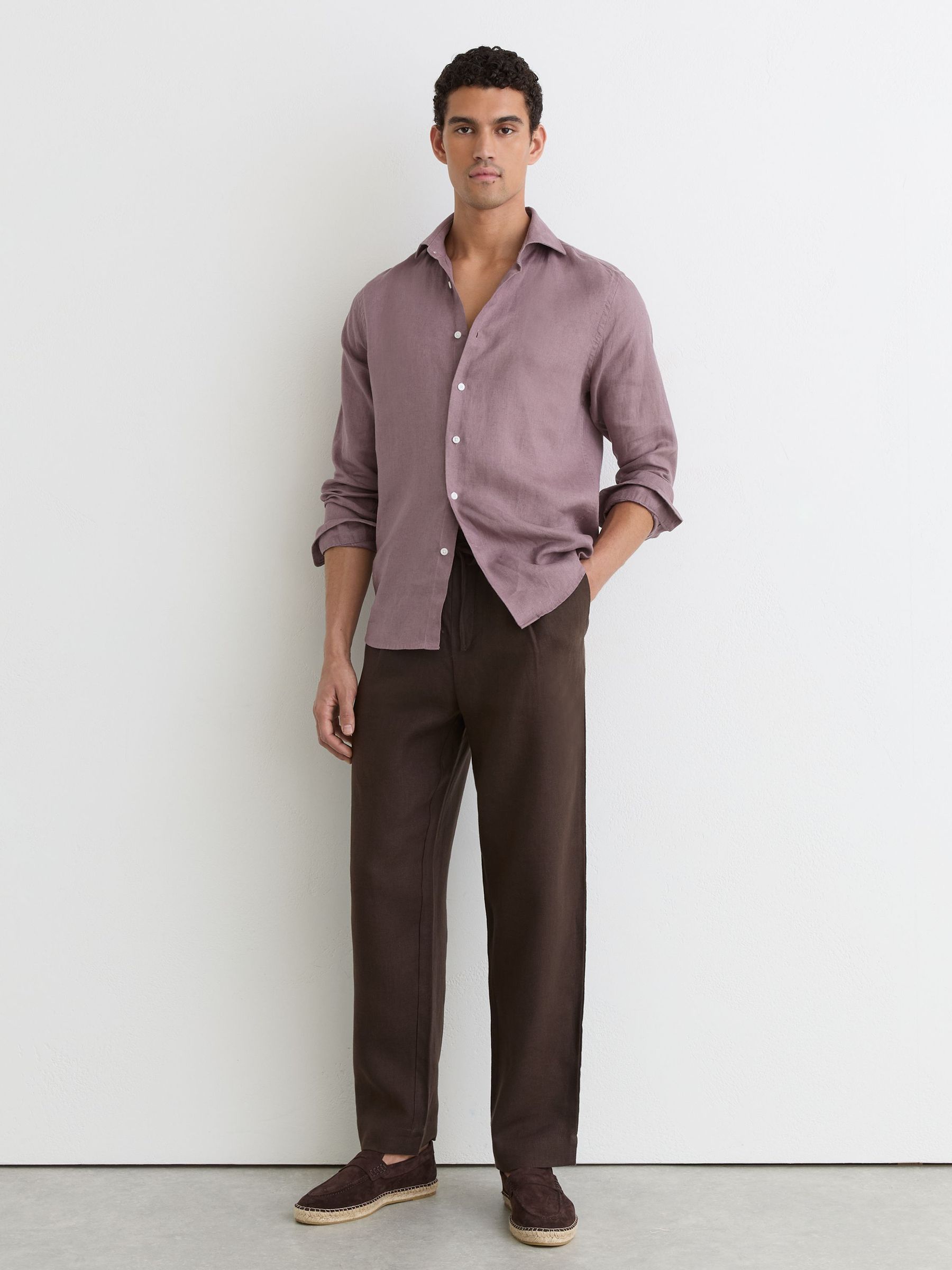 Linen Cutaway-Collar Regular-Fit Shirt in Mauve Pink - image 3