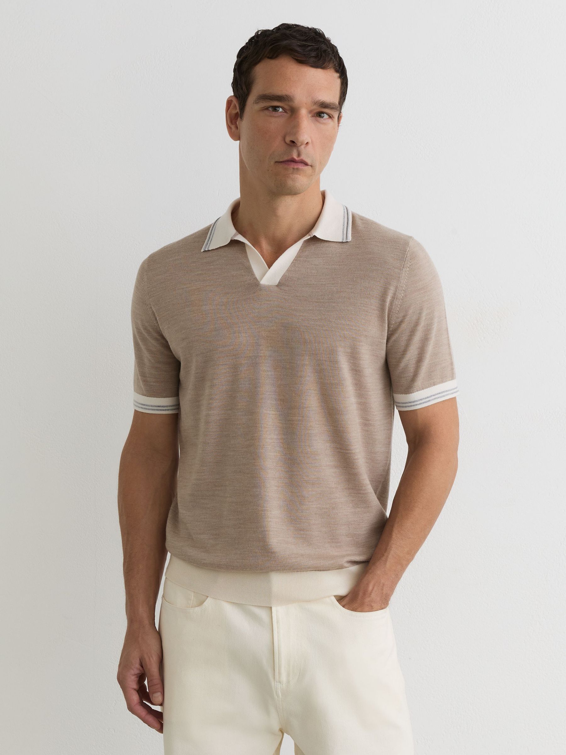 Merino Wool Tipped Polo Jumper in Wheat Melange - image 3