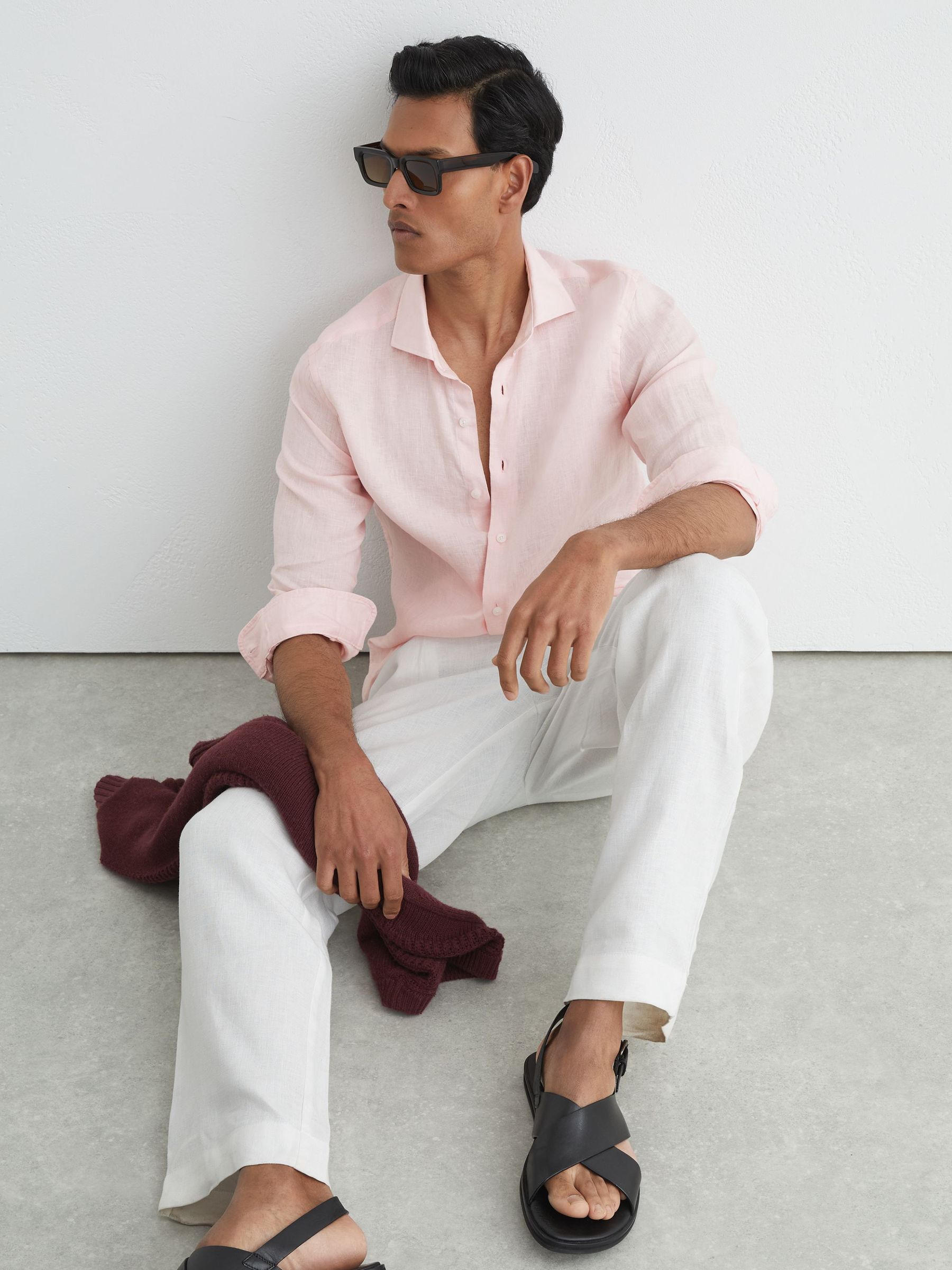 Linen Cutaway-Collar Regular-Fit Shirt in Rose Pink - Image 1 of 6