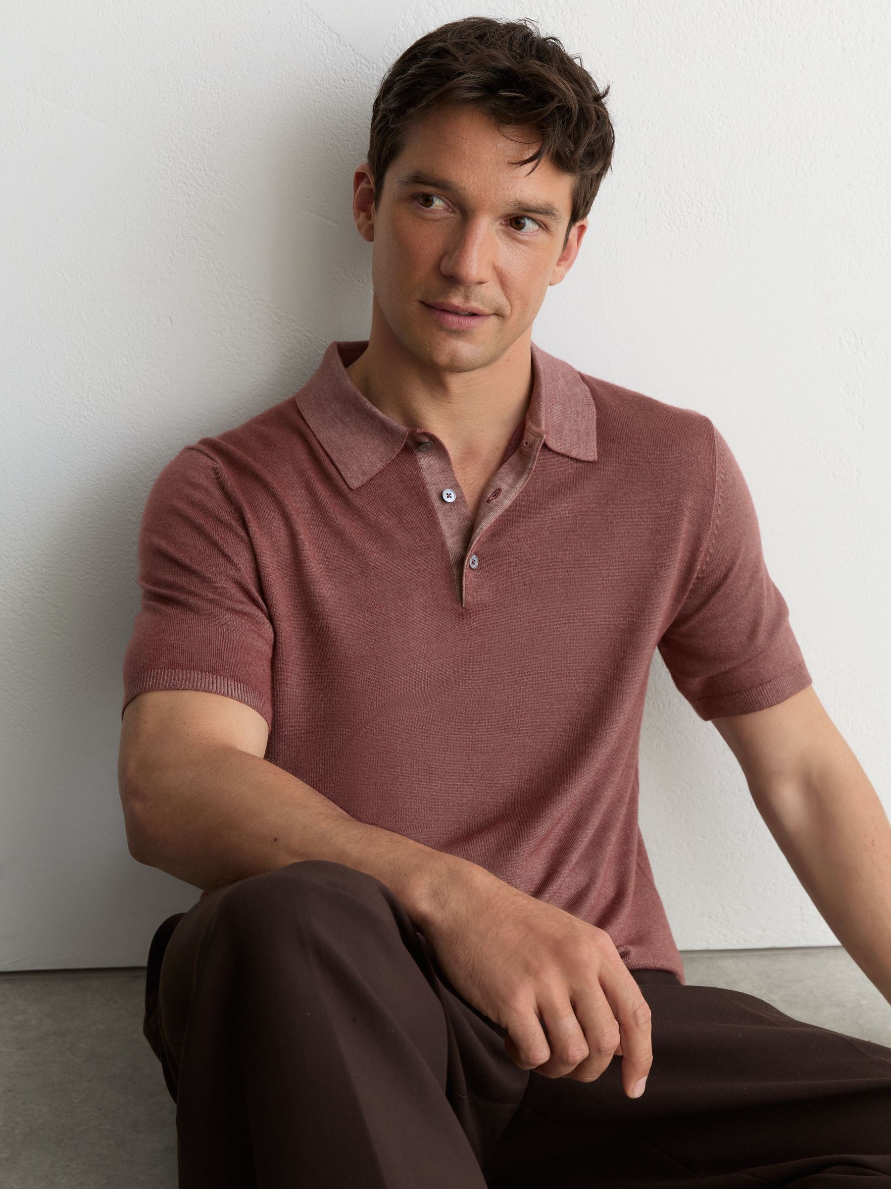 Pigment-Dyed Merino Wool Polo Jumper in Rose Pink - Image 1 of 7