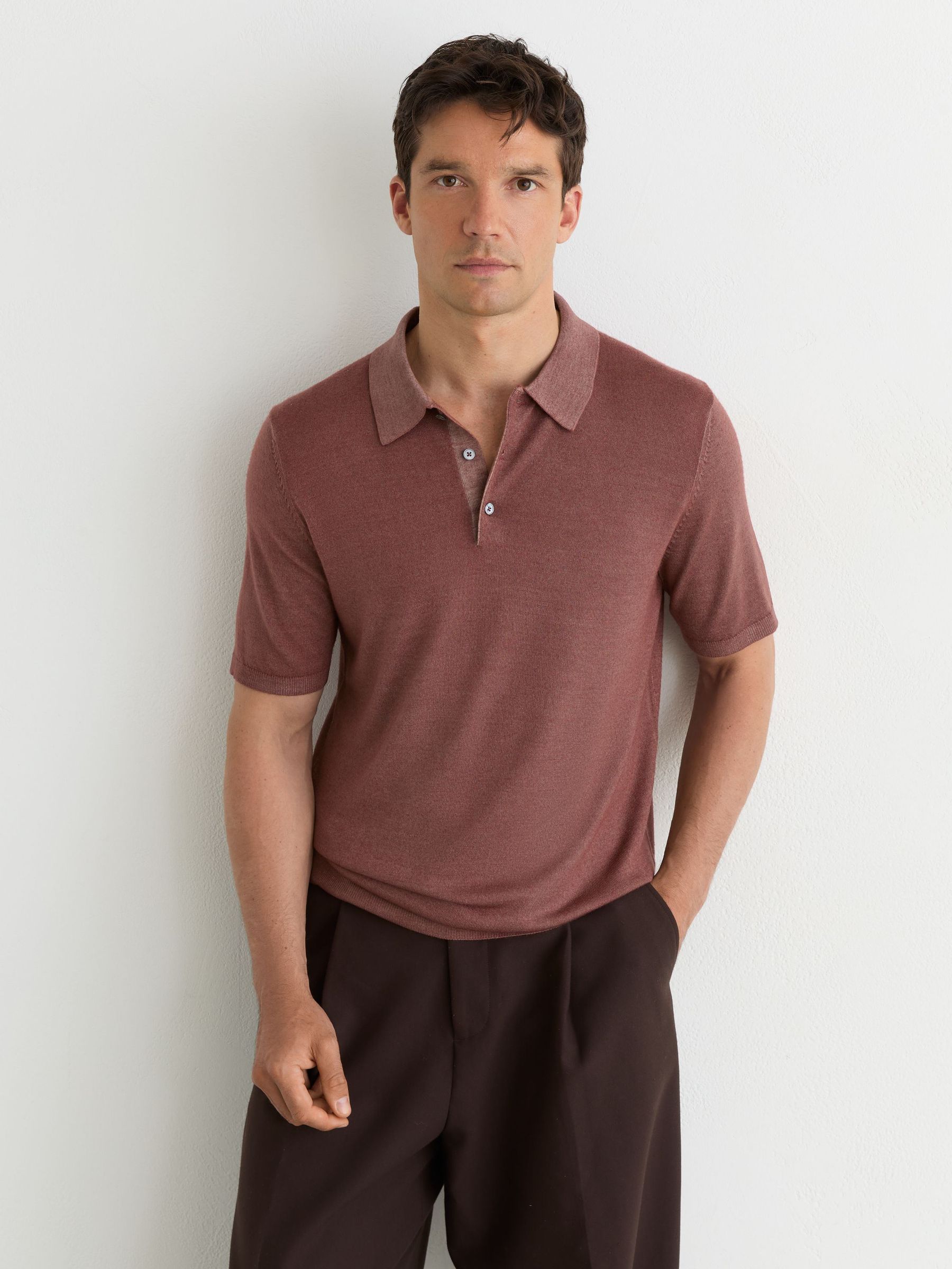 Pigment-Dyed Merino Wool Polo Jumper in Rose Pink - Image 3 of 7