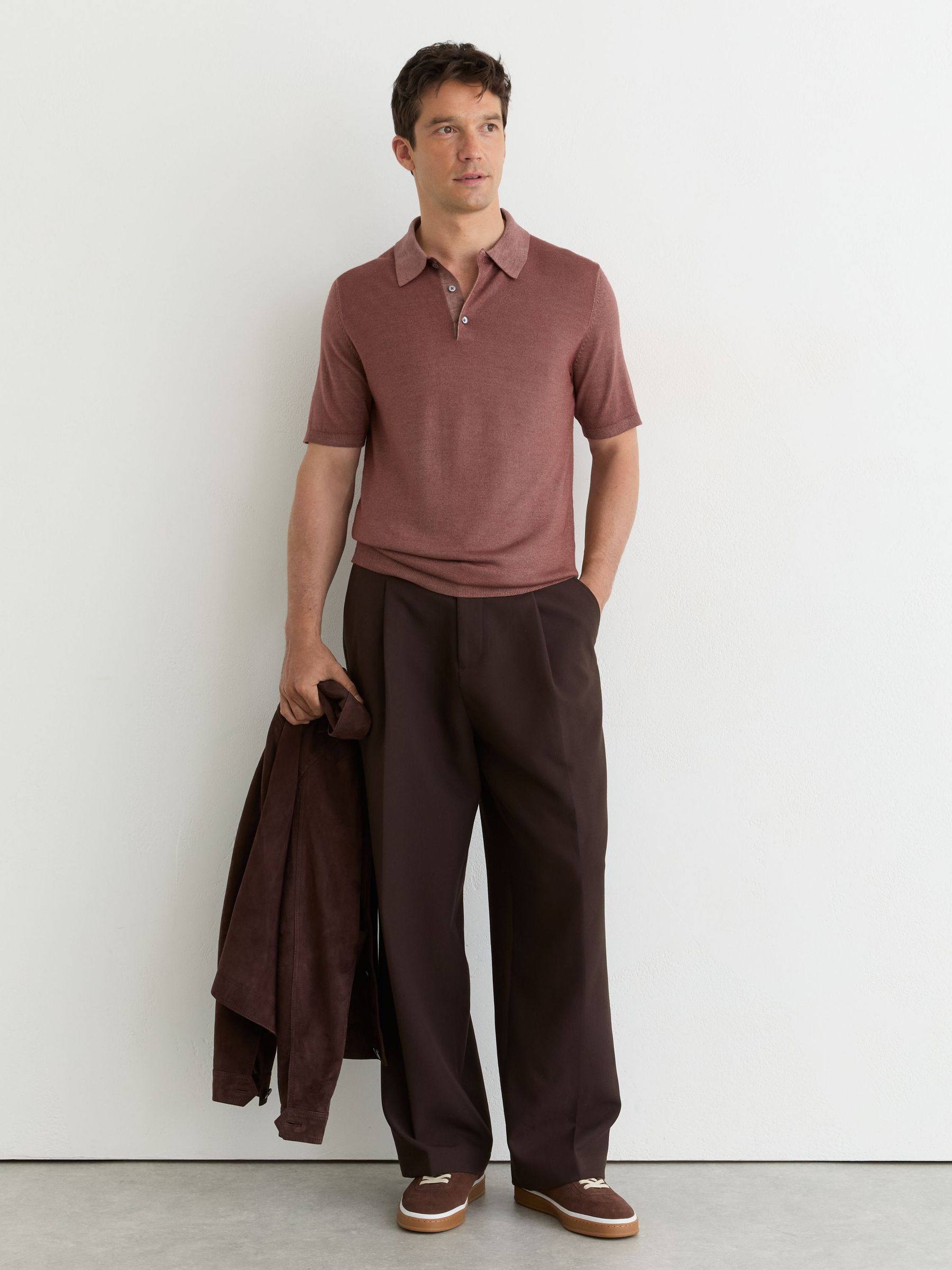 Pigment-Dyed Merino Wool Polo Jumper in Rose Pink - Image 4 of 7