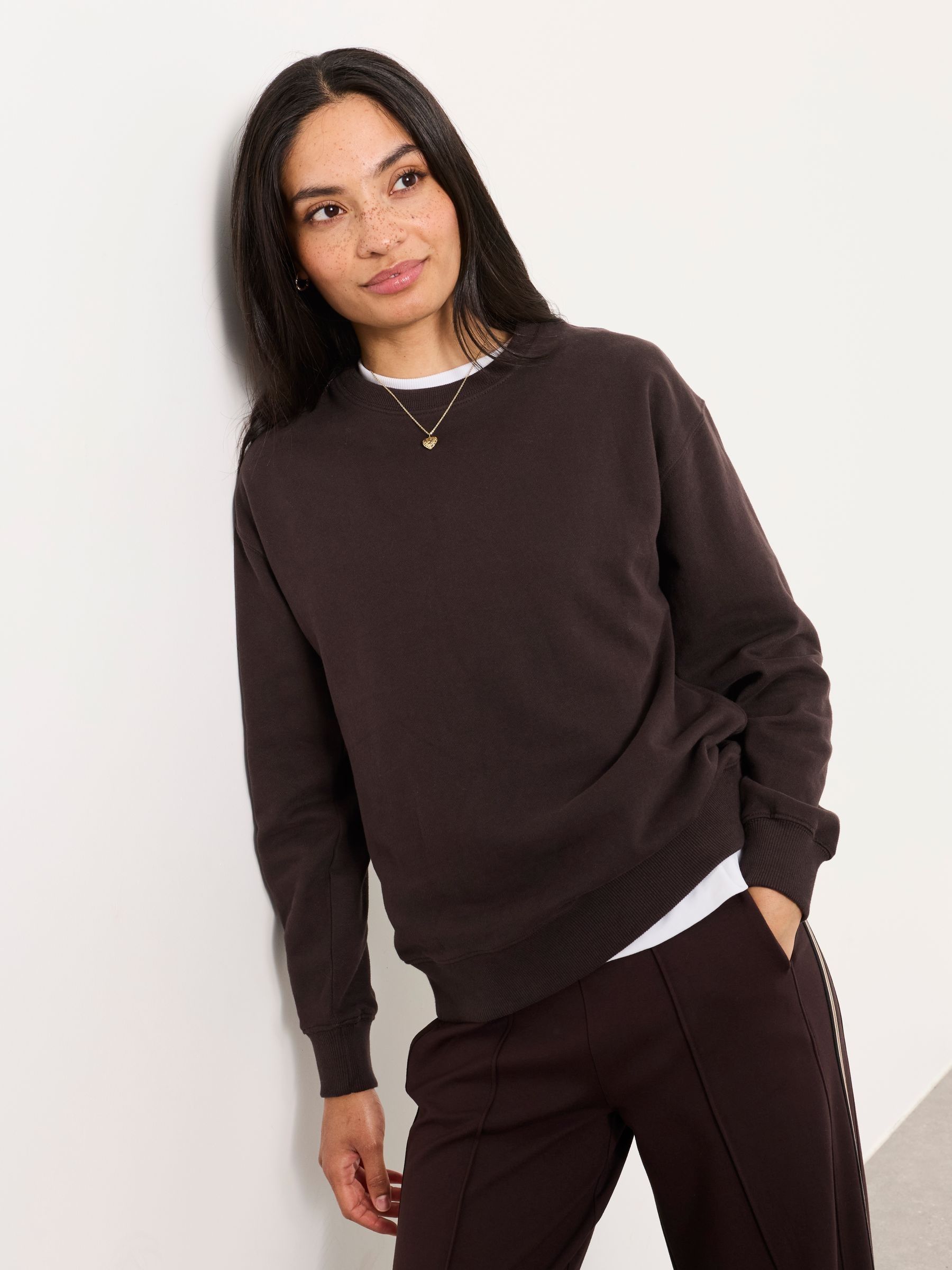 Crew Sweat Top in Chocolate Brown - Image 1 of 6 Crew Sweat Top in Chocolate Brown - Image 1 of 6