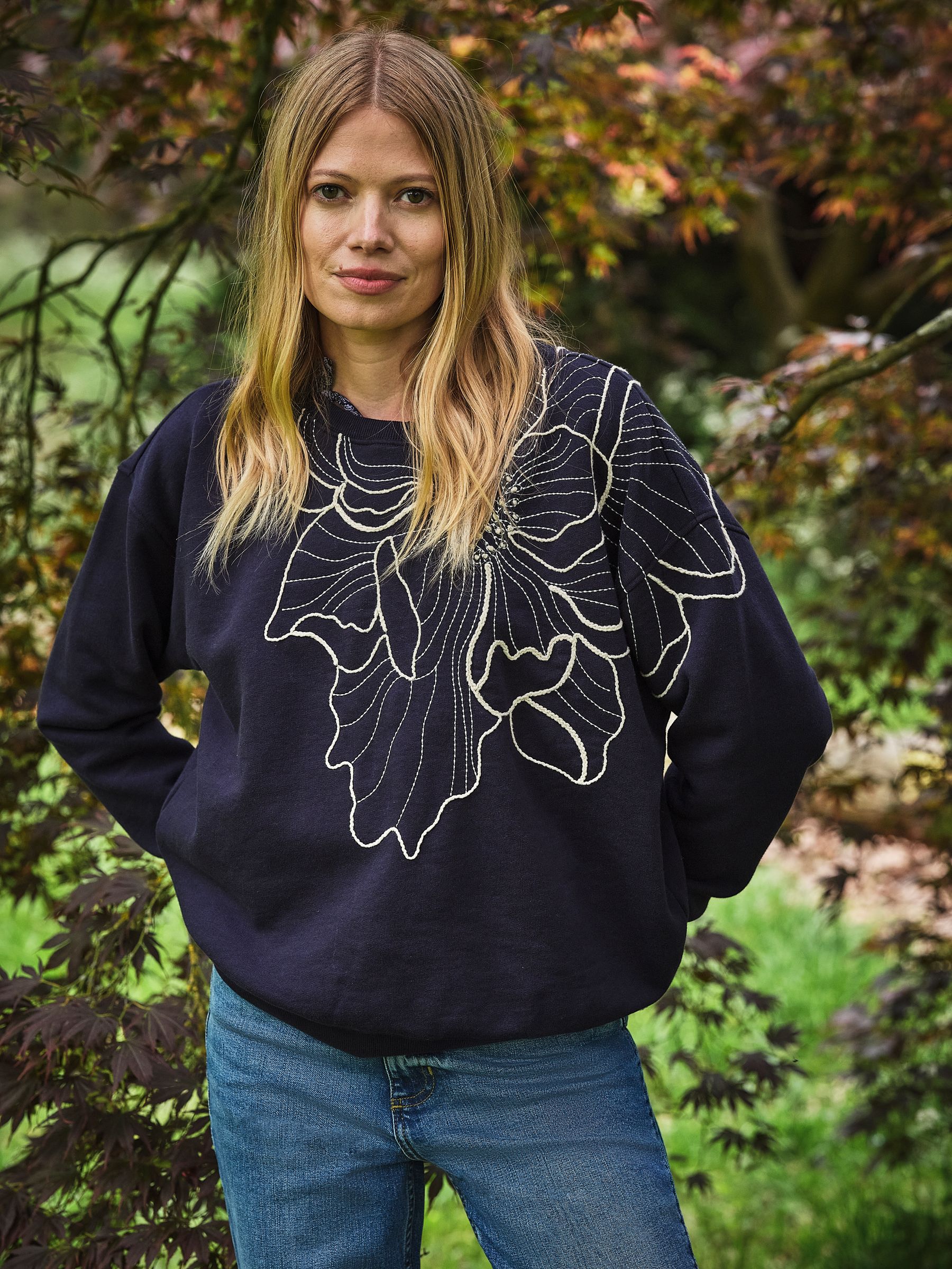 Alex Navy Flower Embroidery Crew Sweat Top - Image 1 of 6 Alex Navy Flower Embroidery Crew Sweat Top - Image 1 of 6