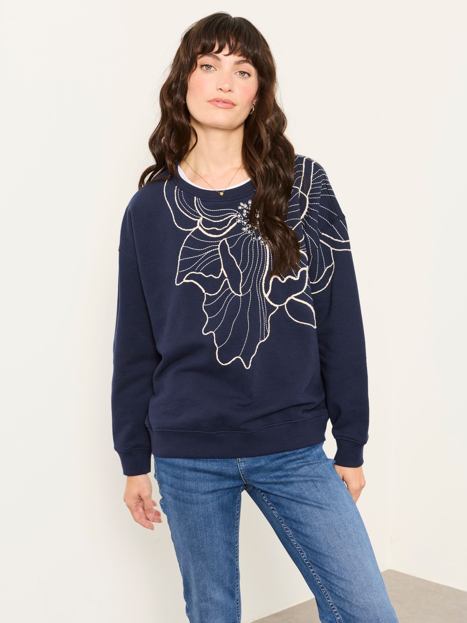 Alex Navy Flower Embroidery Crew Sweat Top - Image 2 of 6