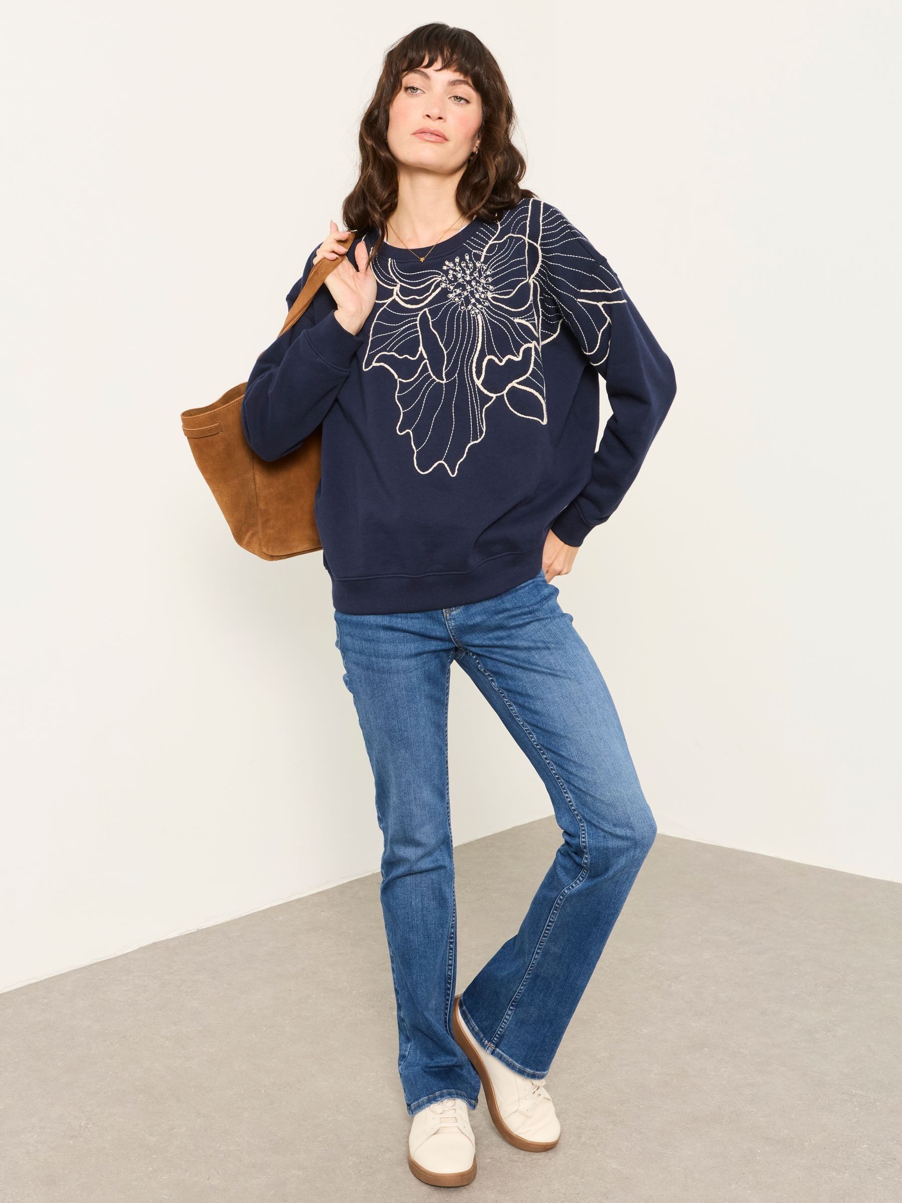 Alex Navy Flower Embroidery Crew Sweat Top - Image 4 of 6
