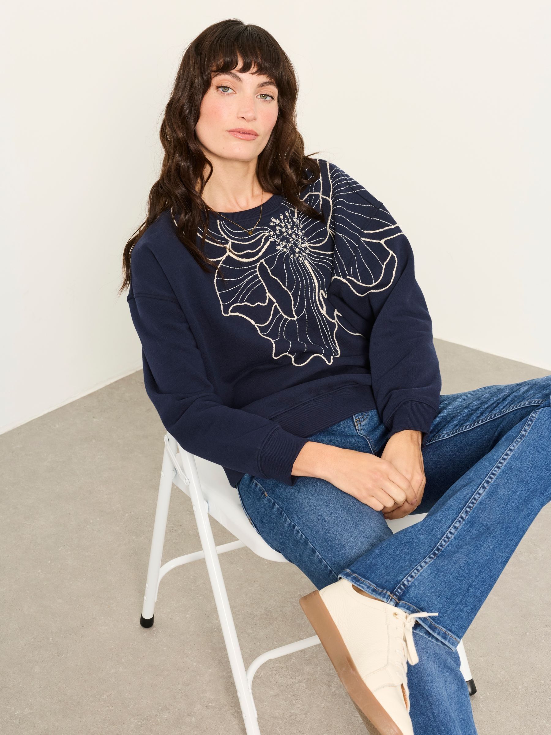 Alex Navy Flower Embroidery Crew Sweat Top - Image 6 of 6 Alex Navy Flower Embroidery Crew Sweat Top - Image 6 of 6