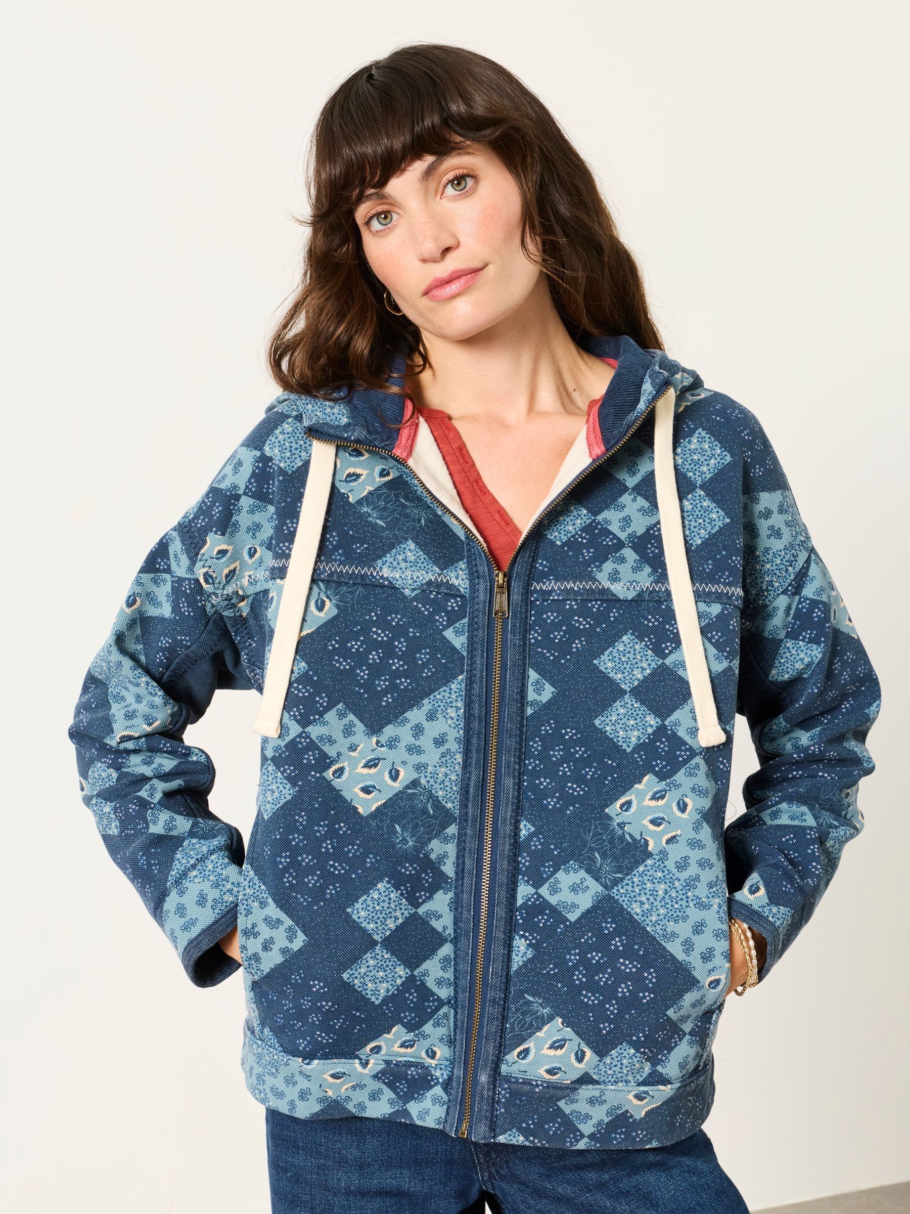 Blue Patchwork Airlie Zip Through Hoodie - Image 1 of 7