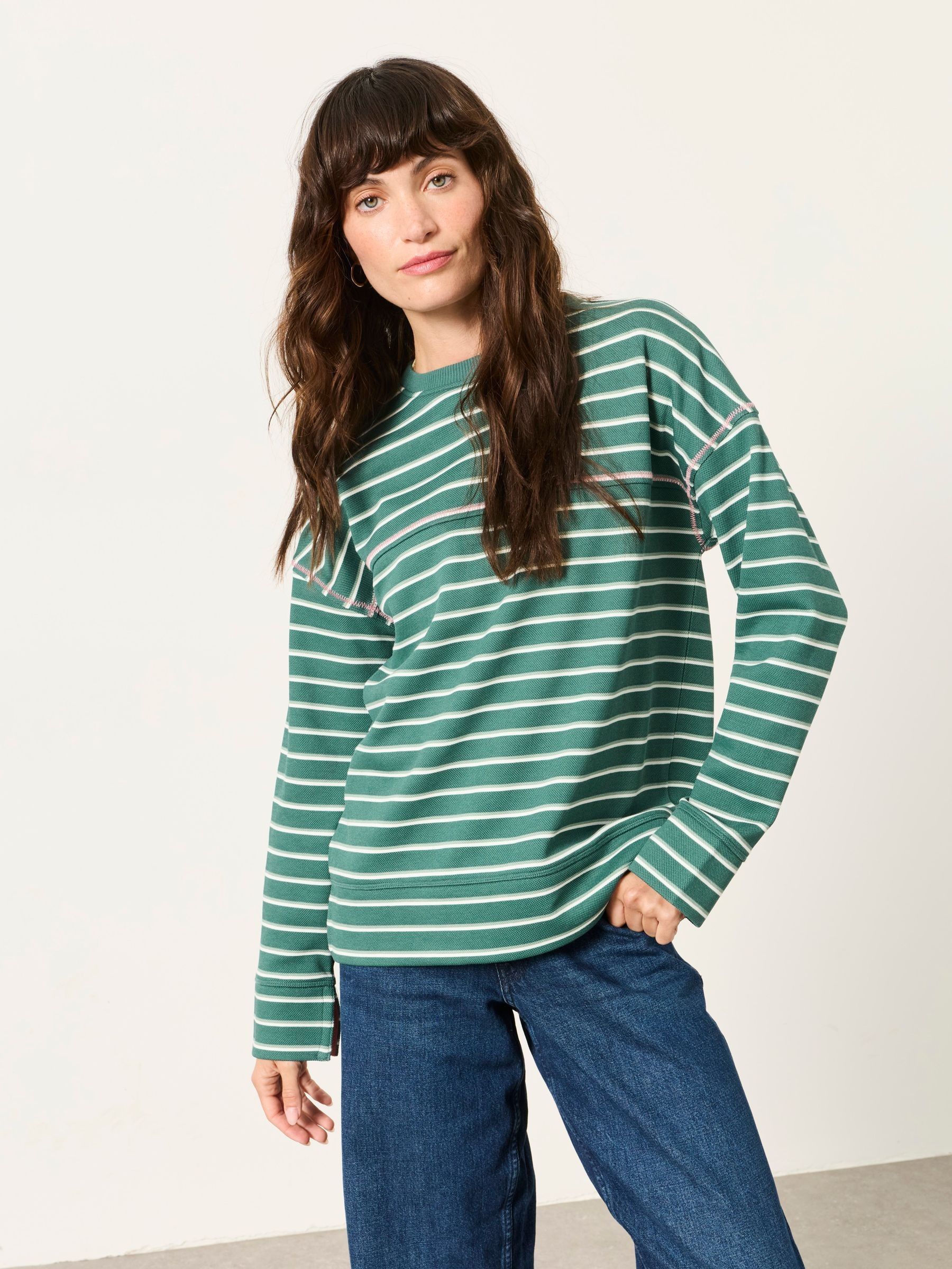Dark Green Airlie Stripe Crew Sweat Top - Image 1 of 6