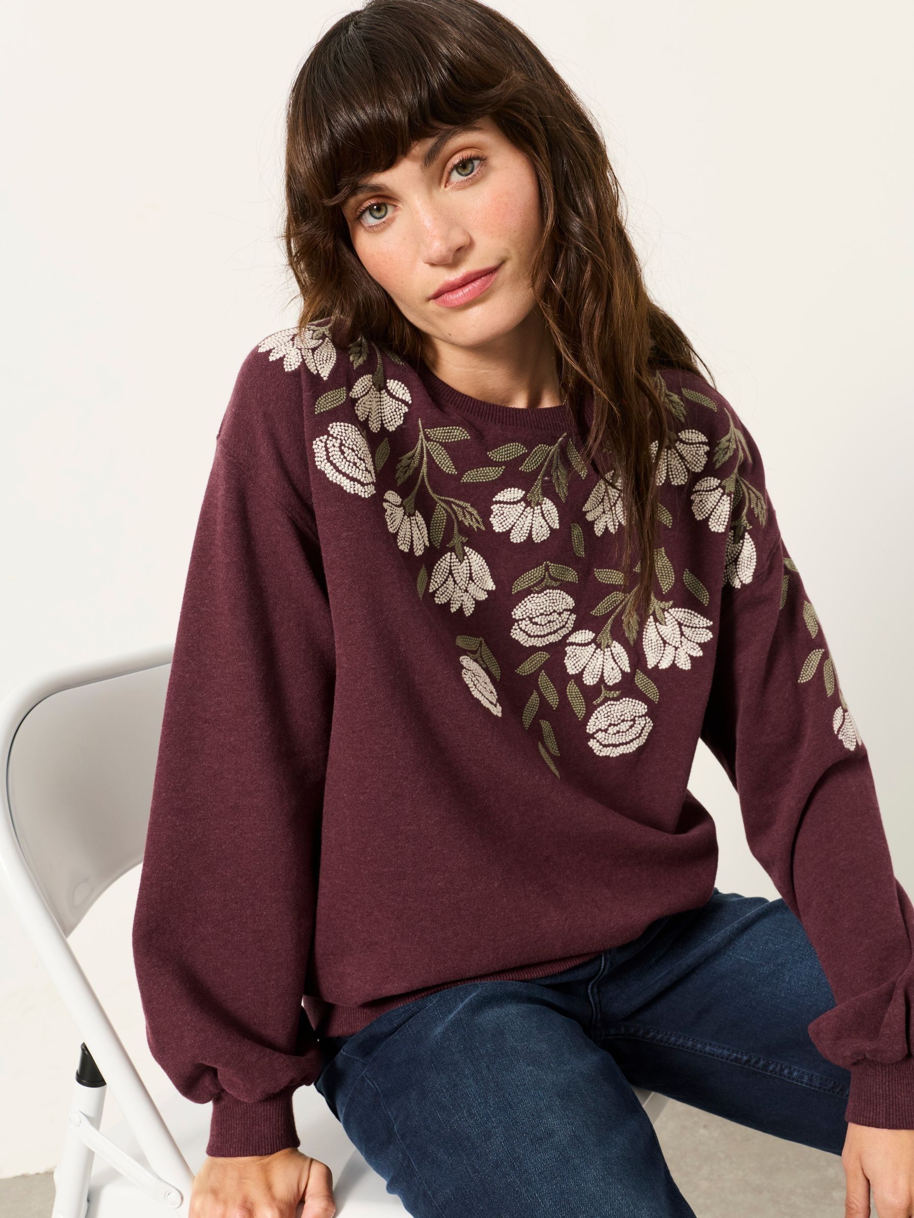 Flower Embroidered Crew Sweat in Dark Purple - Image 1 of 4