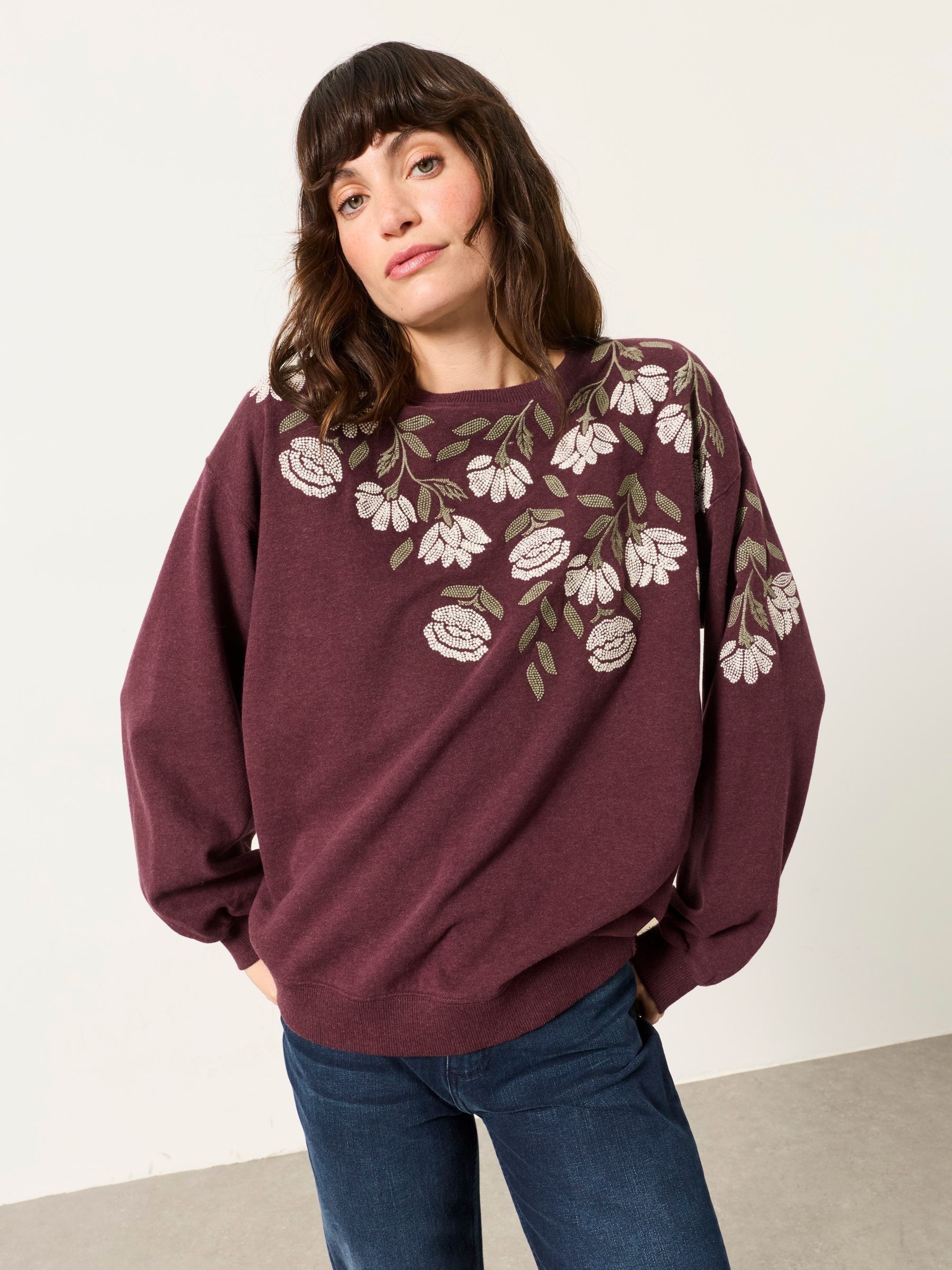 Flower Embroidered Crew Sweat in Dark Purple - Image 4 of 4