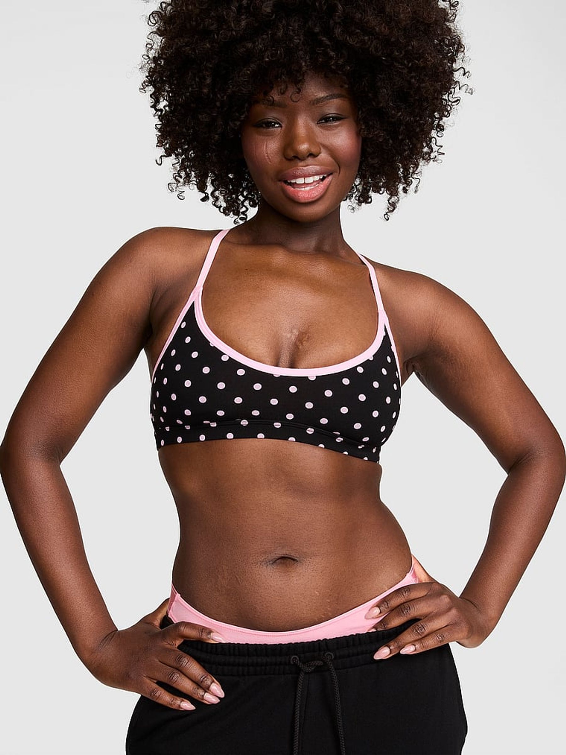 Black Pink Polka Dot Cotton Sports Bra - Image 1 of 3