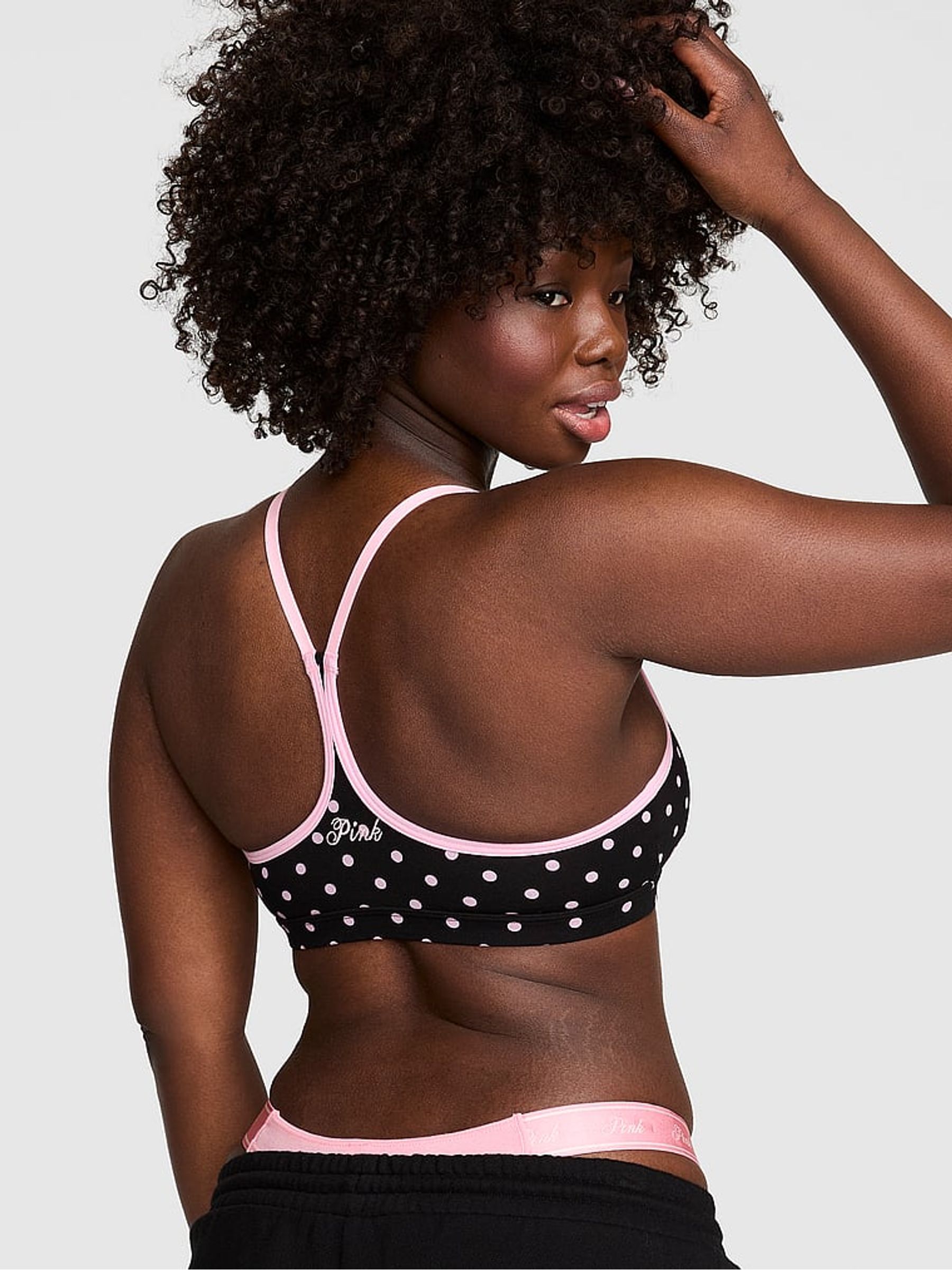 Black Pink Polka Dot Cotton Sports Bra - Image 2 of 3