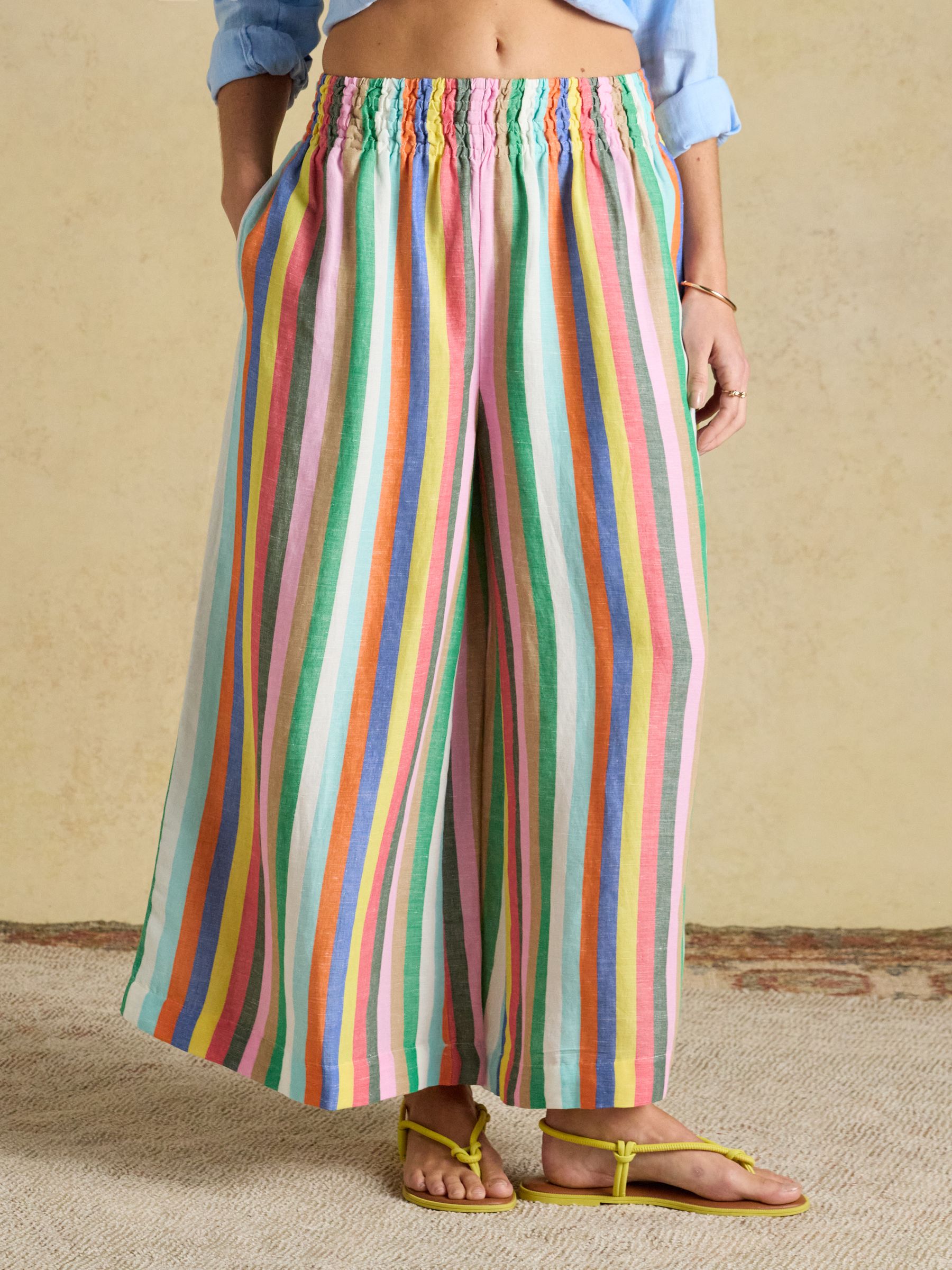 Multi Striped Wide Leg Pull On Trousers with Linen - Image 1 of 7