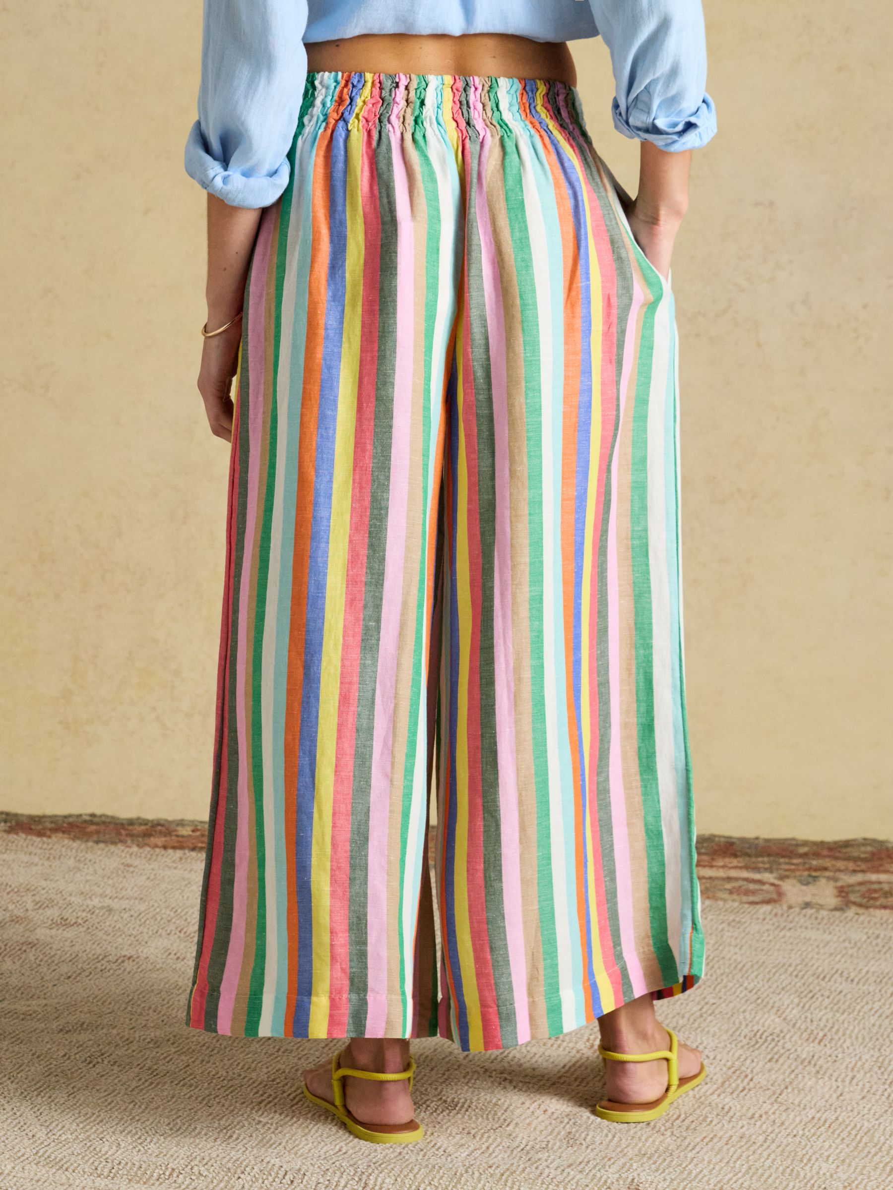 Multi Striped Wide Leg Pull On Trousers with Linen - Image 2 of 7