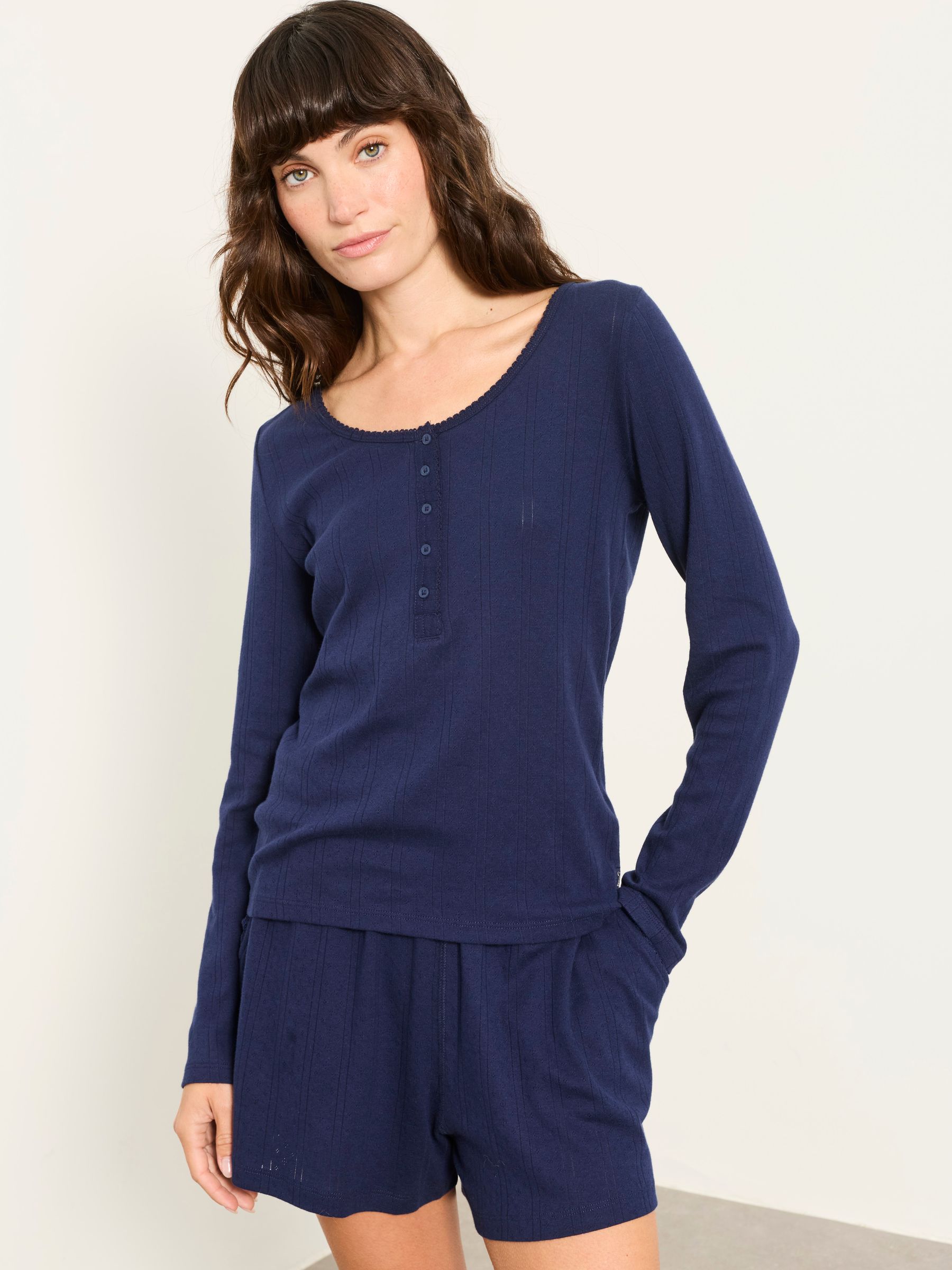 Hattie Navy Henley Pointelle Top - Image 1 of 5