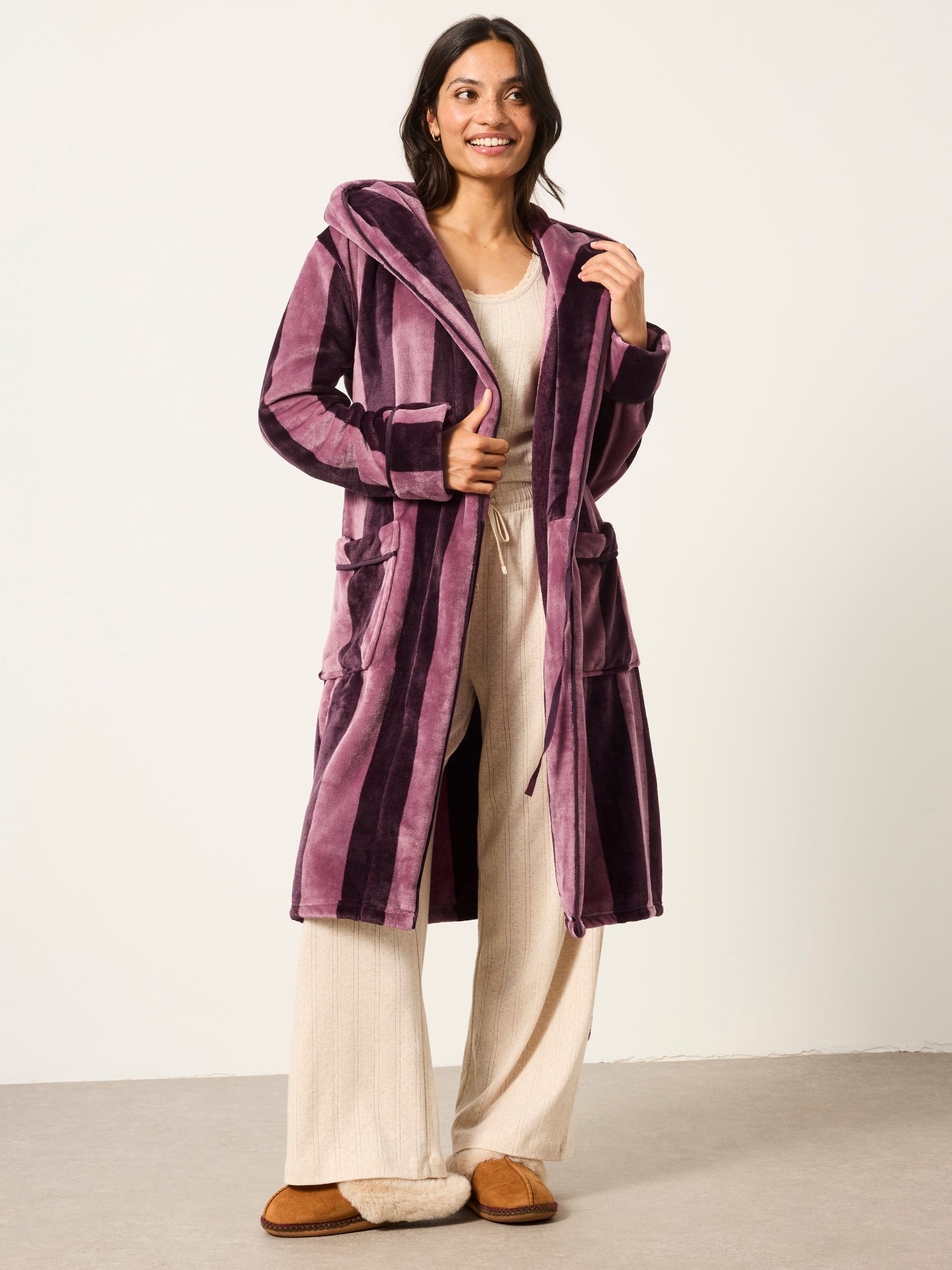 Plum Purple Soft Striped Dressing Gown - Image 1 of 6