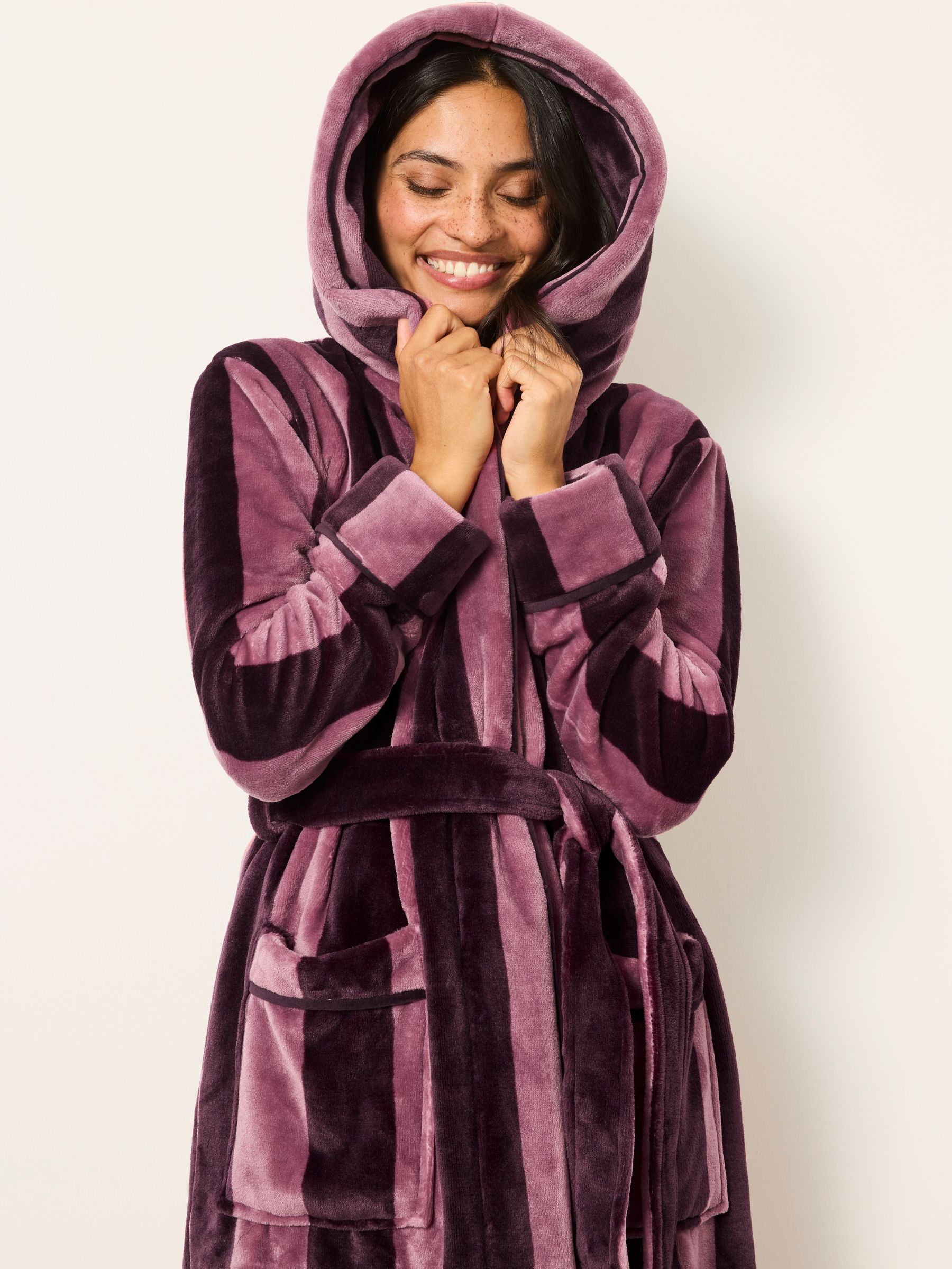 Plum Purple Soft Striped Dressing Gown - Image 3 of 6