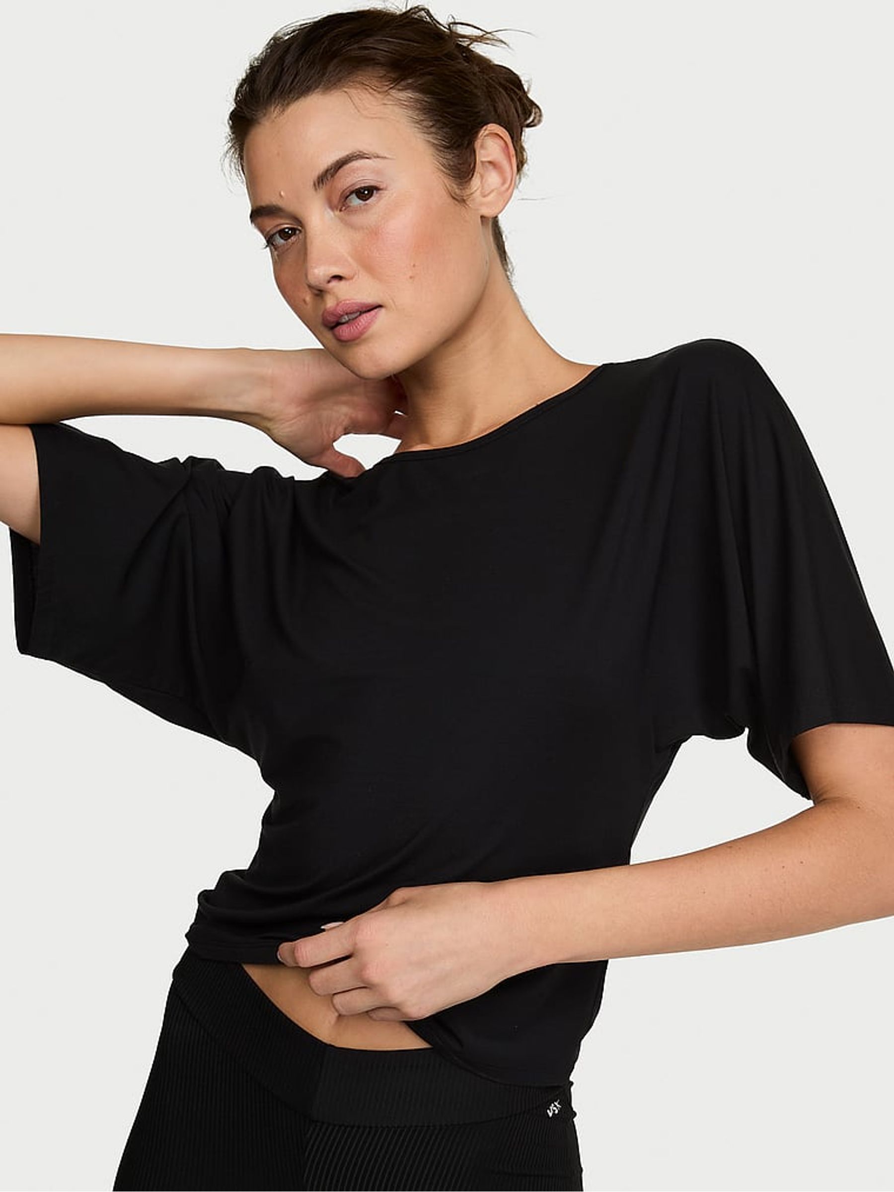 Black Drapey Knit Ruched T-shirt - Image 1 of 2