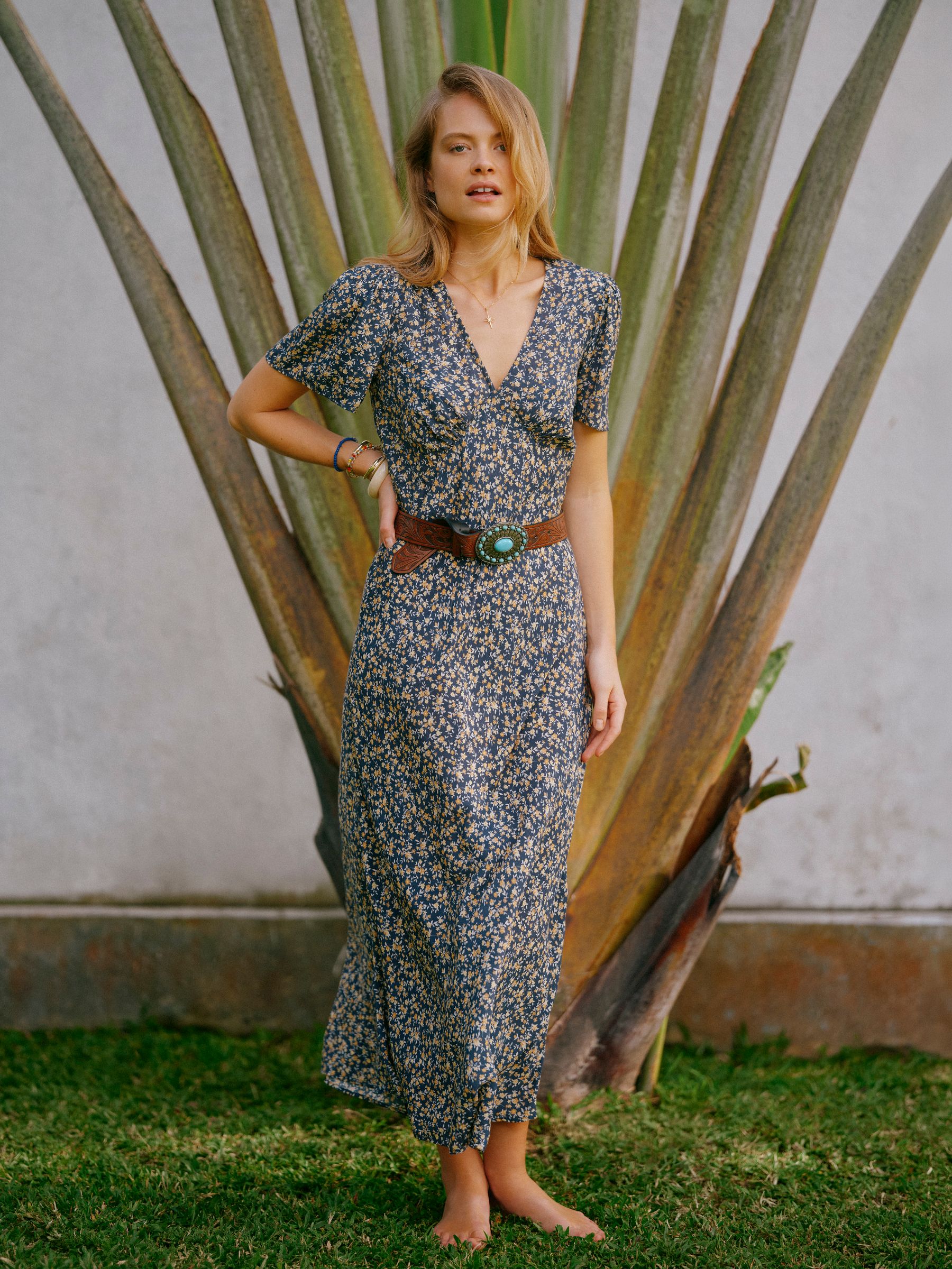 Lainey Navy and Yellow Ditsy Bias Cut Midi Dress - Image 1 of 11