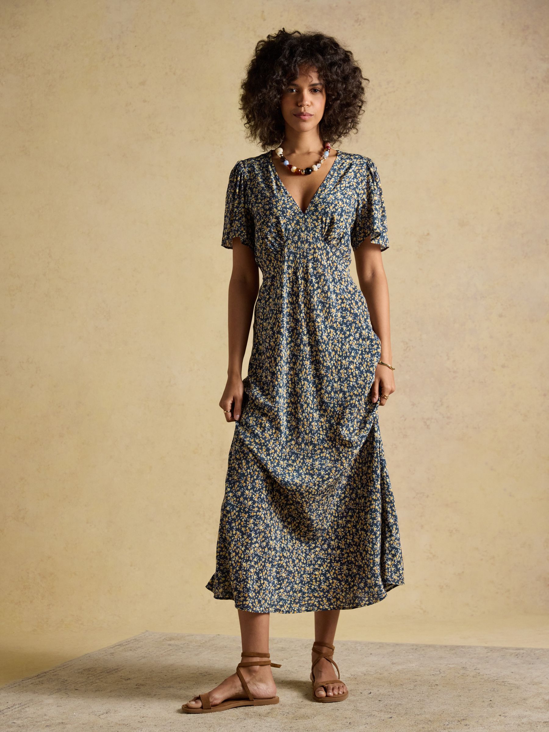 Lainey Navy and Yellow Ditsy Bias Cut Midi Dress - Image 5 of 11