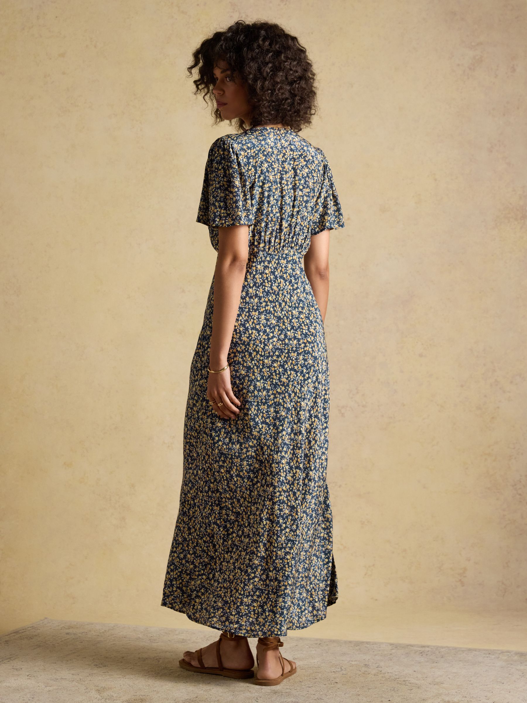 Lainey Navy and Yellow Ditsy Bias Cut Midi Dress - Image 6 of 11