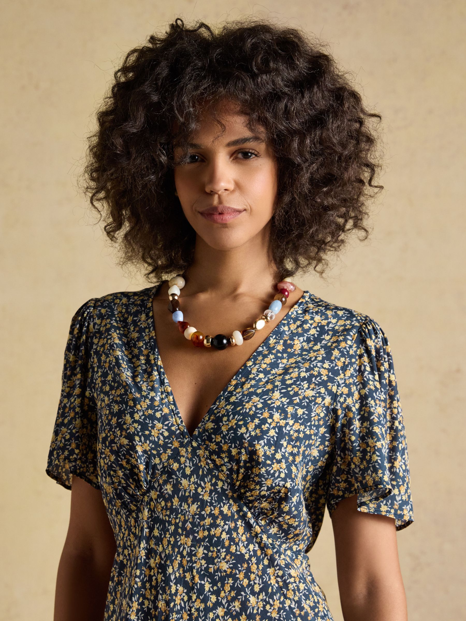 Lainey Navy and Yellow Ditsy Bias Cut Midi Dress - Image 7 of 11