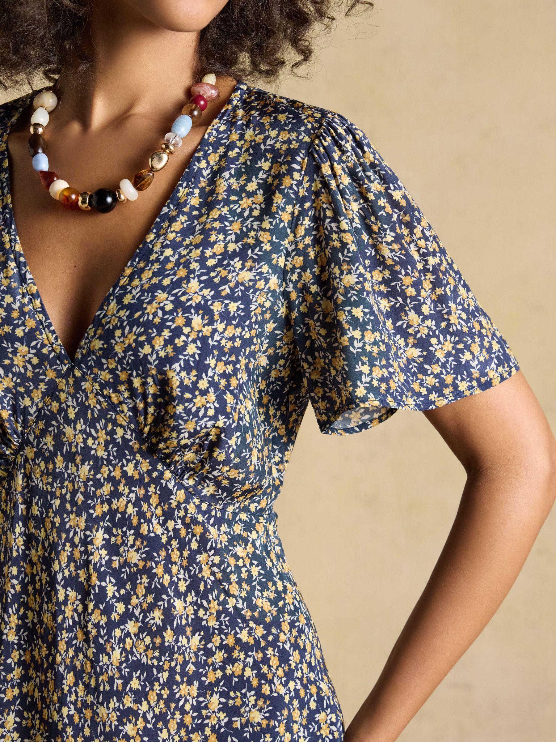 Lainey Navy and Yellow Ditsy Bias Cut Midi Dress - Image 8 of 11