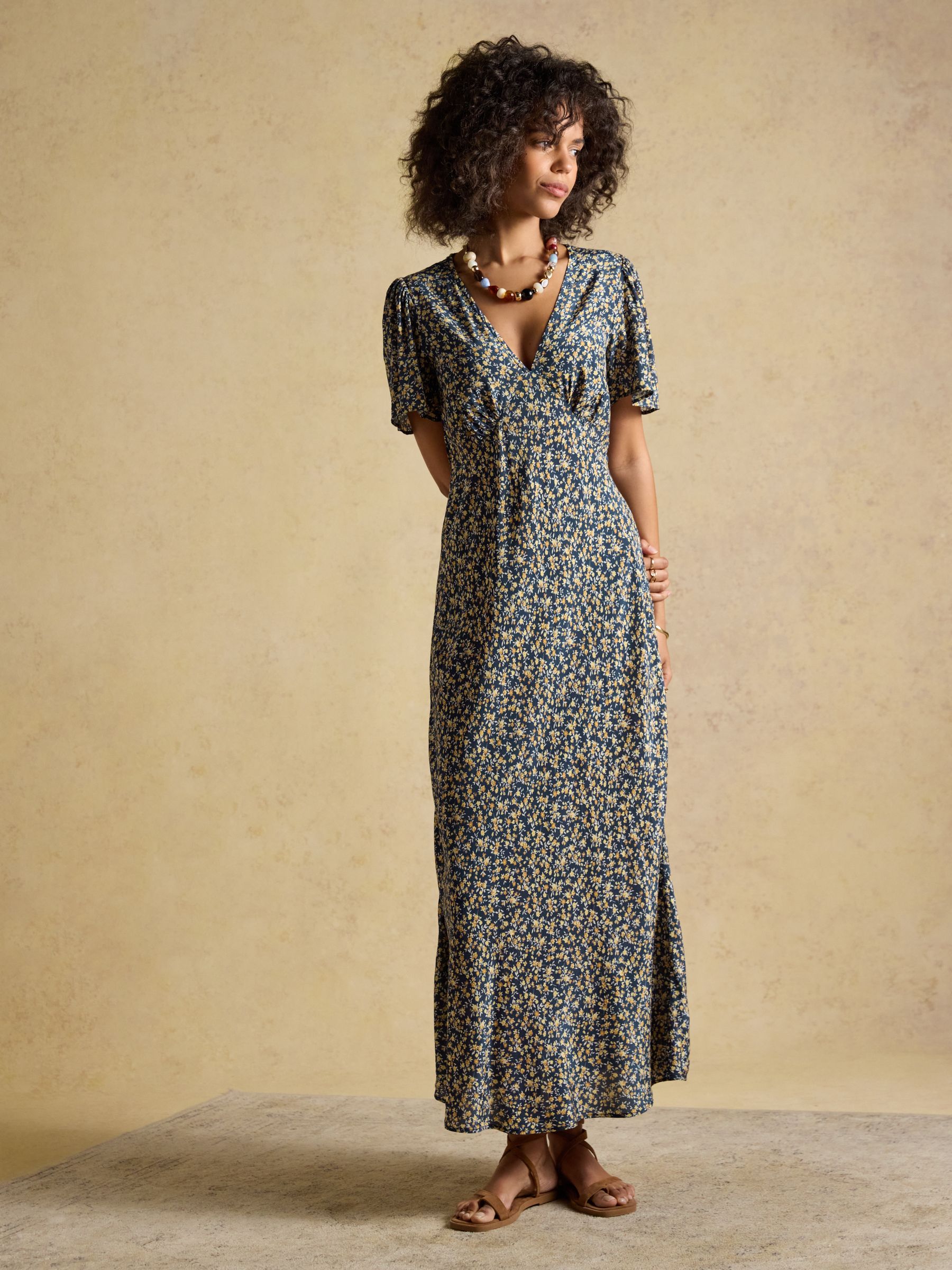 Lainey Navy and Yellow Ditsy Bias Cut Midi Dress - Image 9 of 11