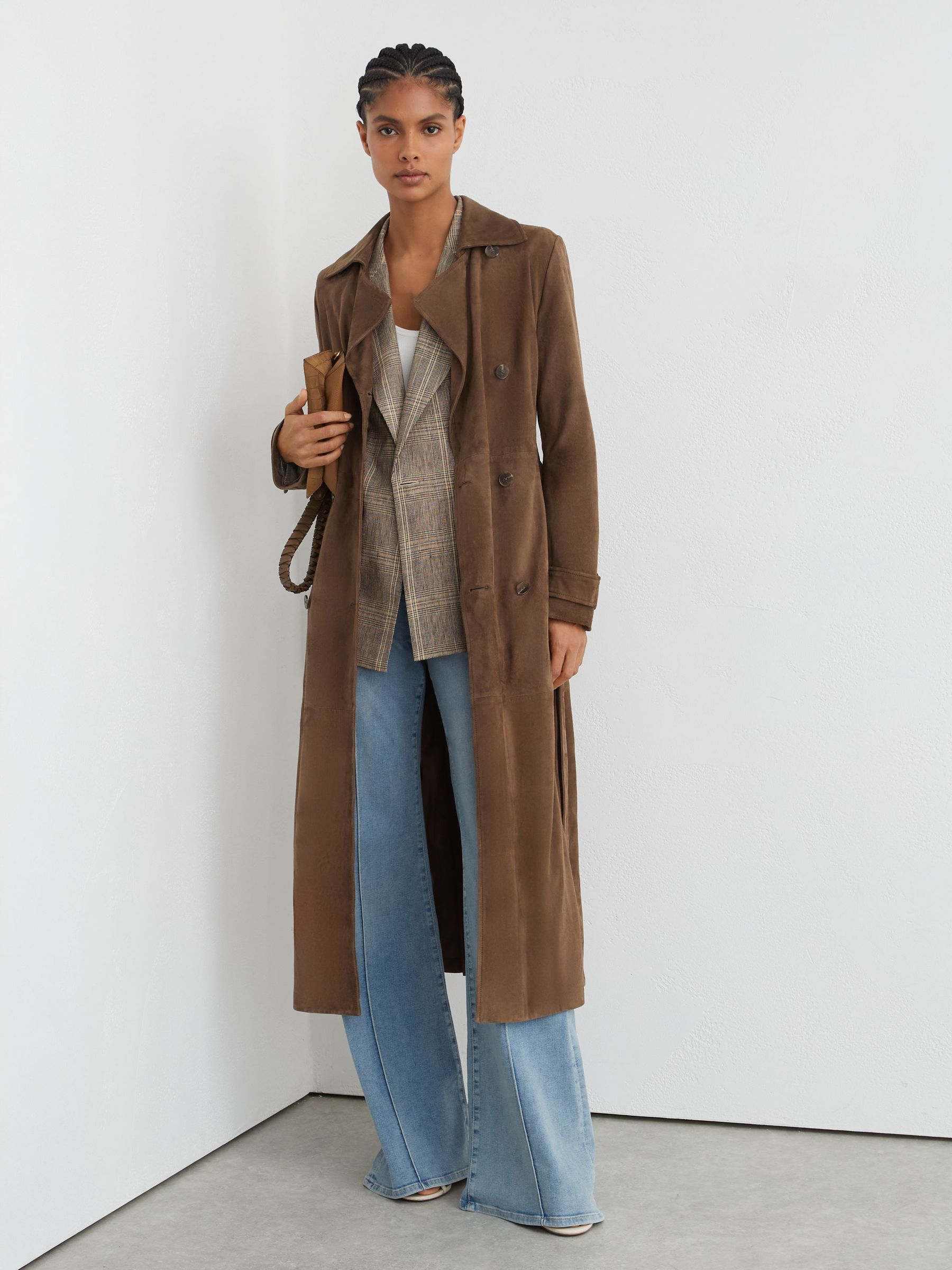 Petite Suede Belted Trench Coat in Taupe Neutral - image 4