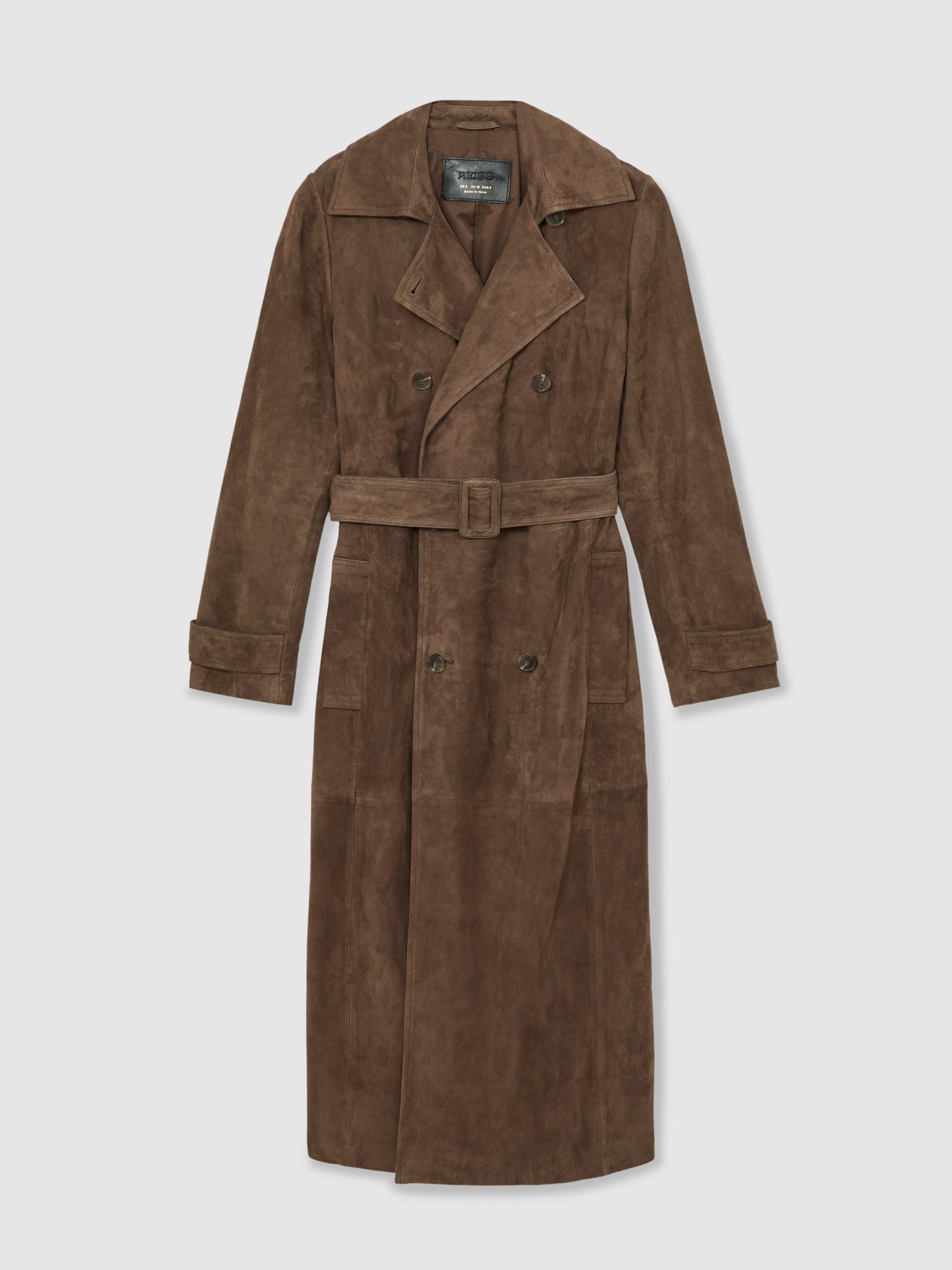 Petite Suede Belted Trench Coat in Taupe Neutral