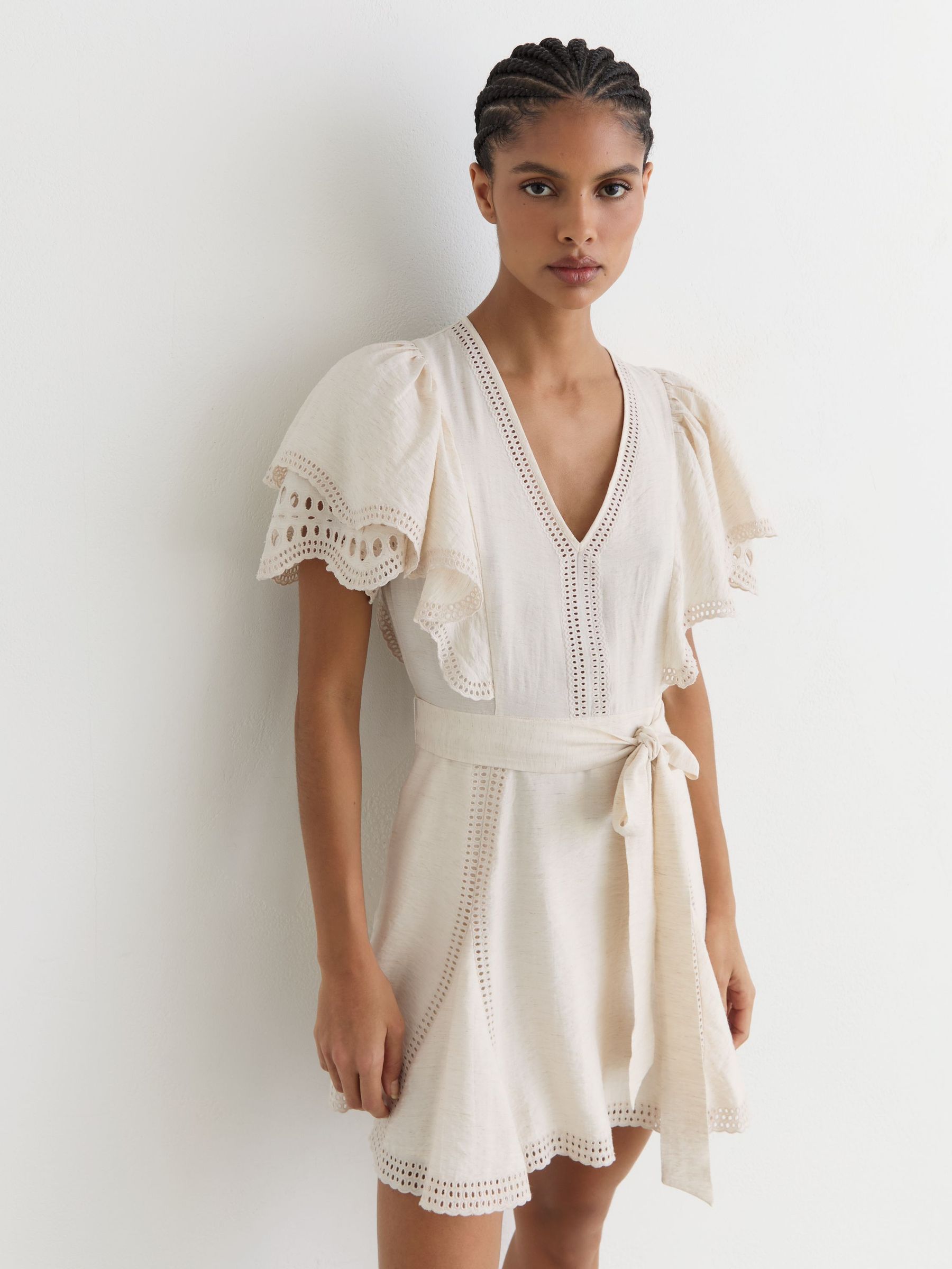 Broderie Anglaise Belted Flippy Dress in Cream - Image 1 of 6