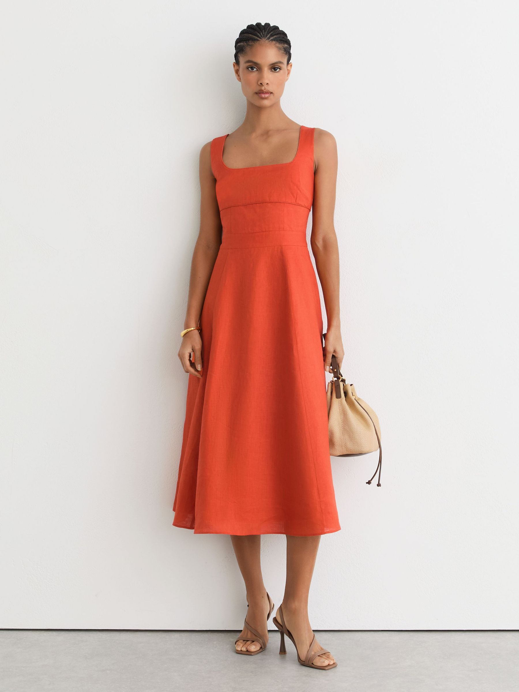 Linen Square-Neck Midi Dress in Coral Orange - image 2