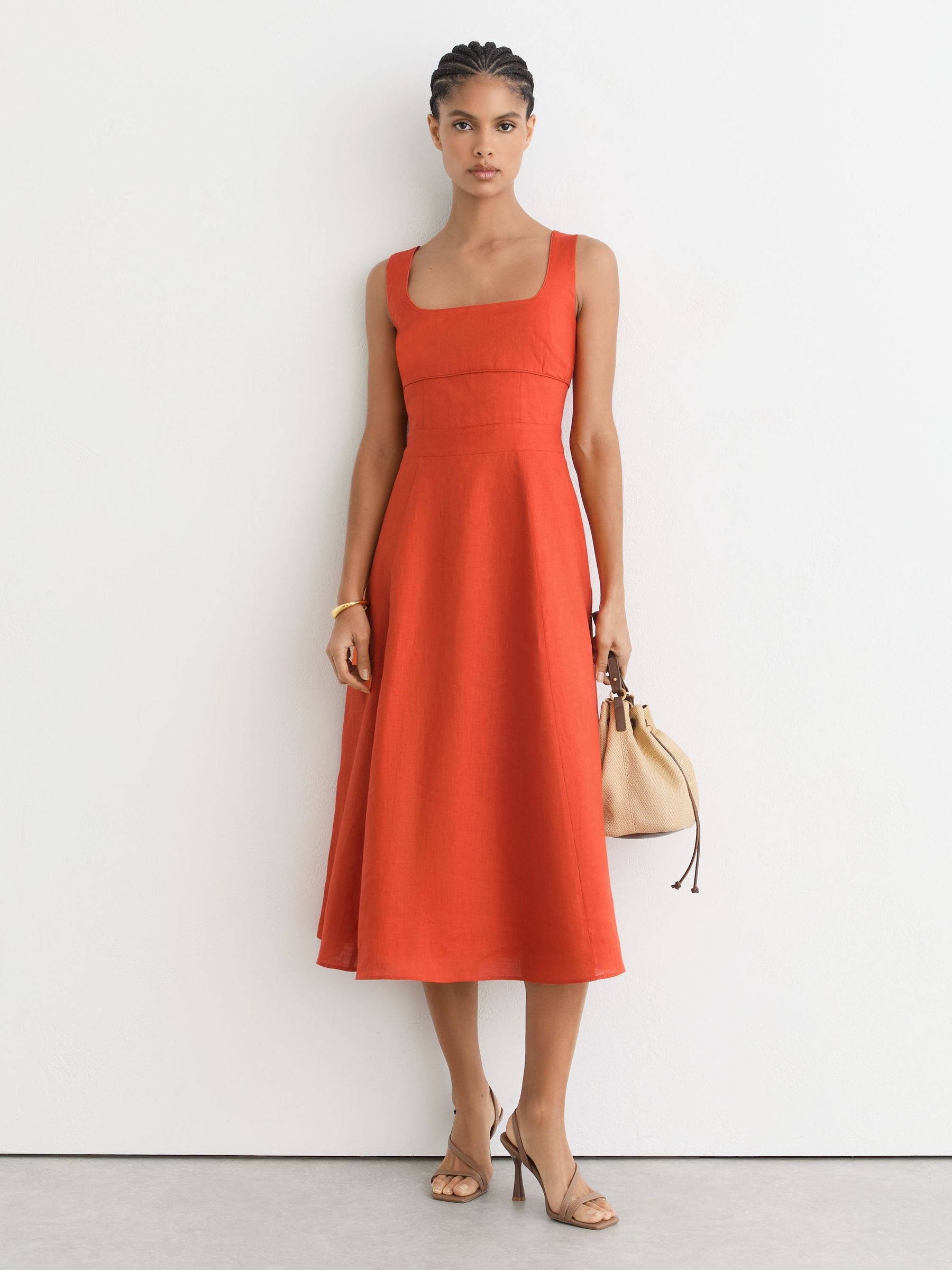 Linen Square-Neck Midi Dress in Coral Orange - Image 1 of 7