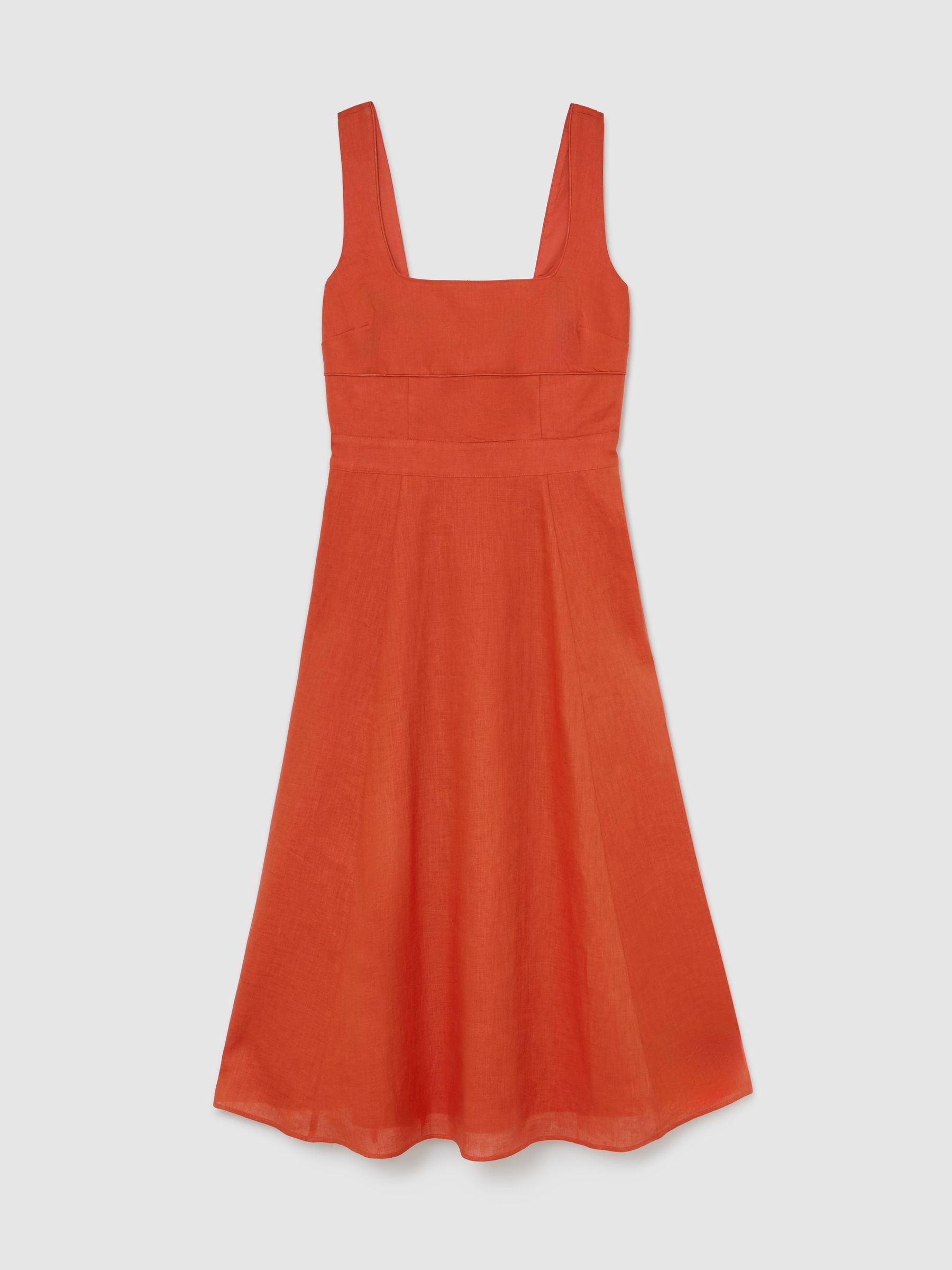 Linen Square-Neck Midi Dress in Coral Orange - Image 2 of 7