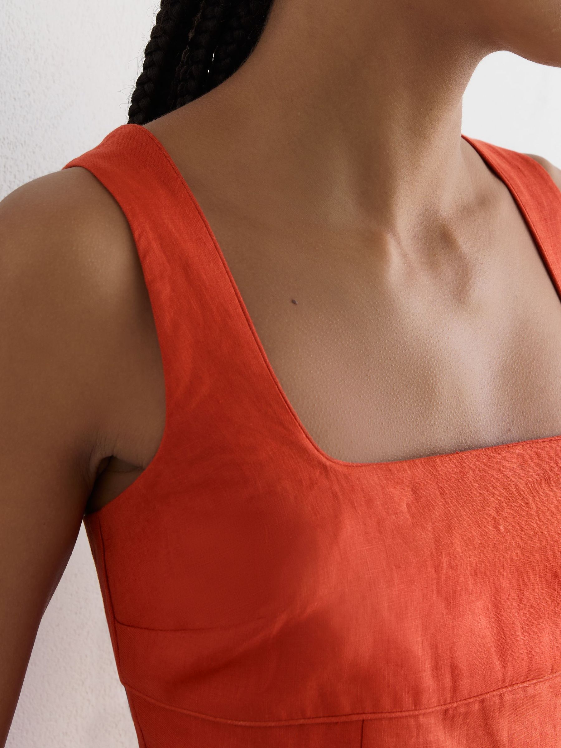 Linen Square-Neck Midi Dress in Coral Orange - Image 3 of 7