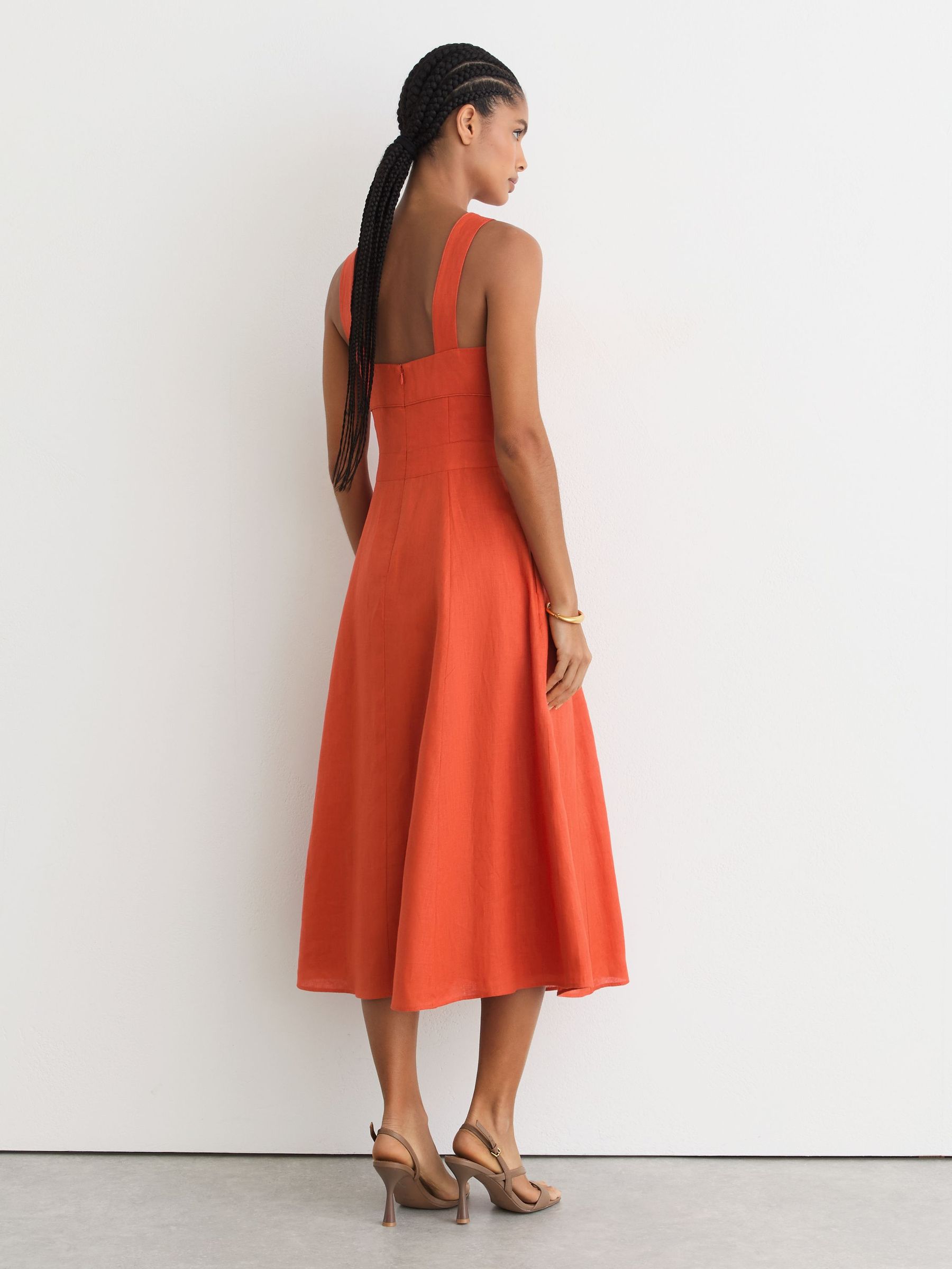 Reiss Linen Square-Neck Midi Dress in Coral Orange | REISS Reiss Linen Square-Neck Midi Dress in Coral Orange | REISS