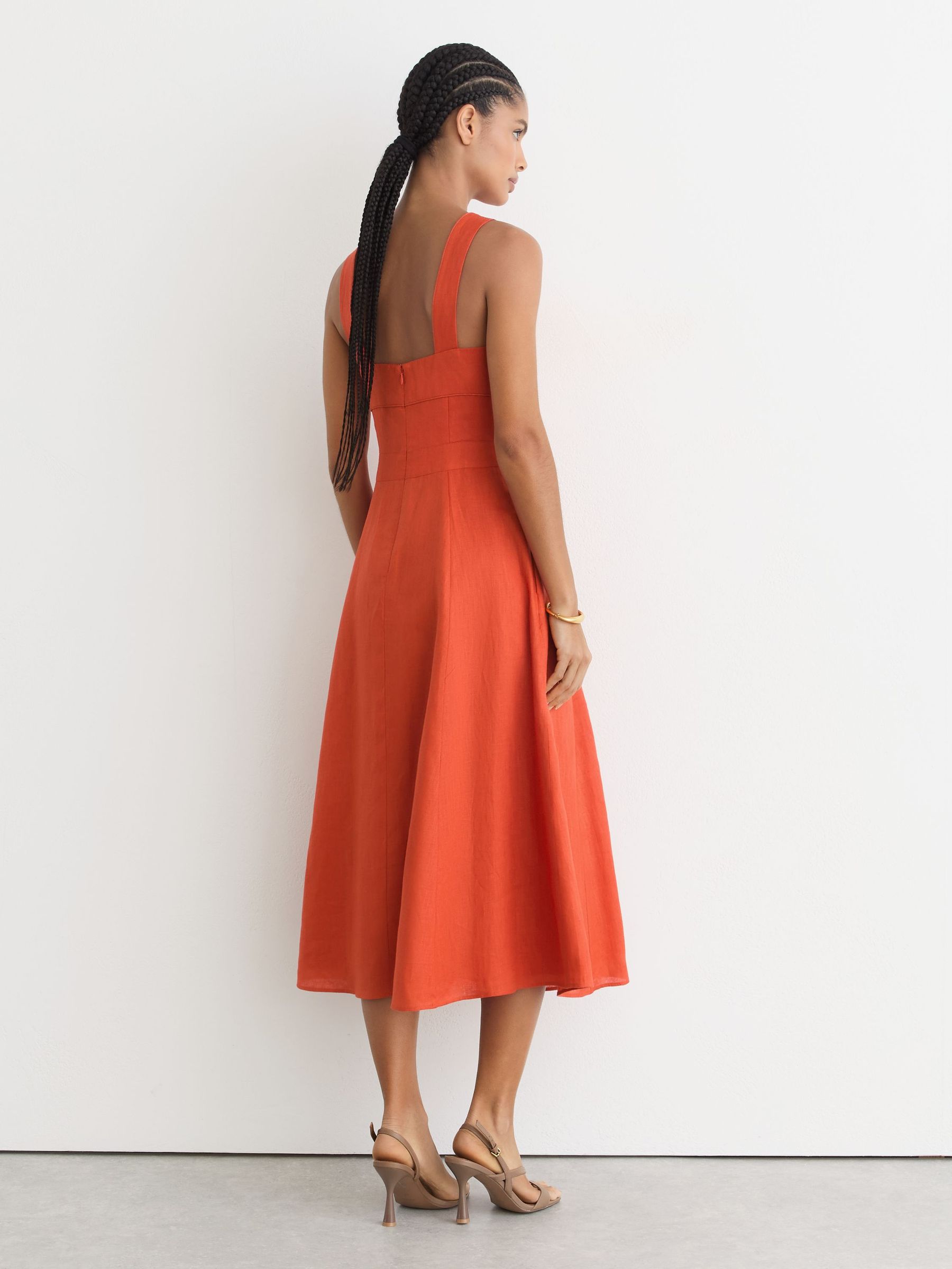 Linen Square-Neck Midi Dress in Coral Orange - Image 4 of 7