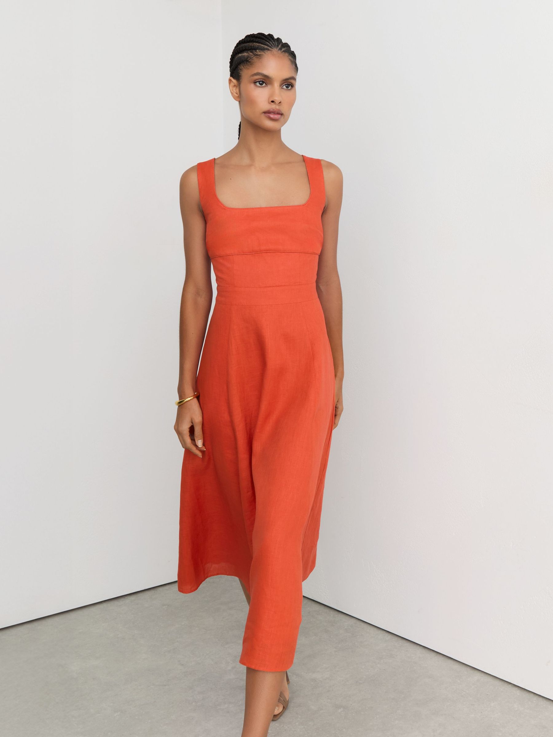 Linen Square-Neck Midi Dress in Coral Orange - image 5
