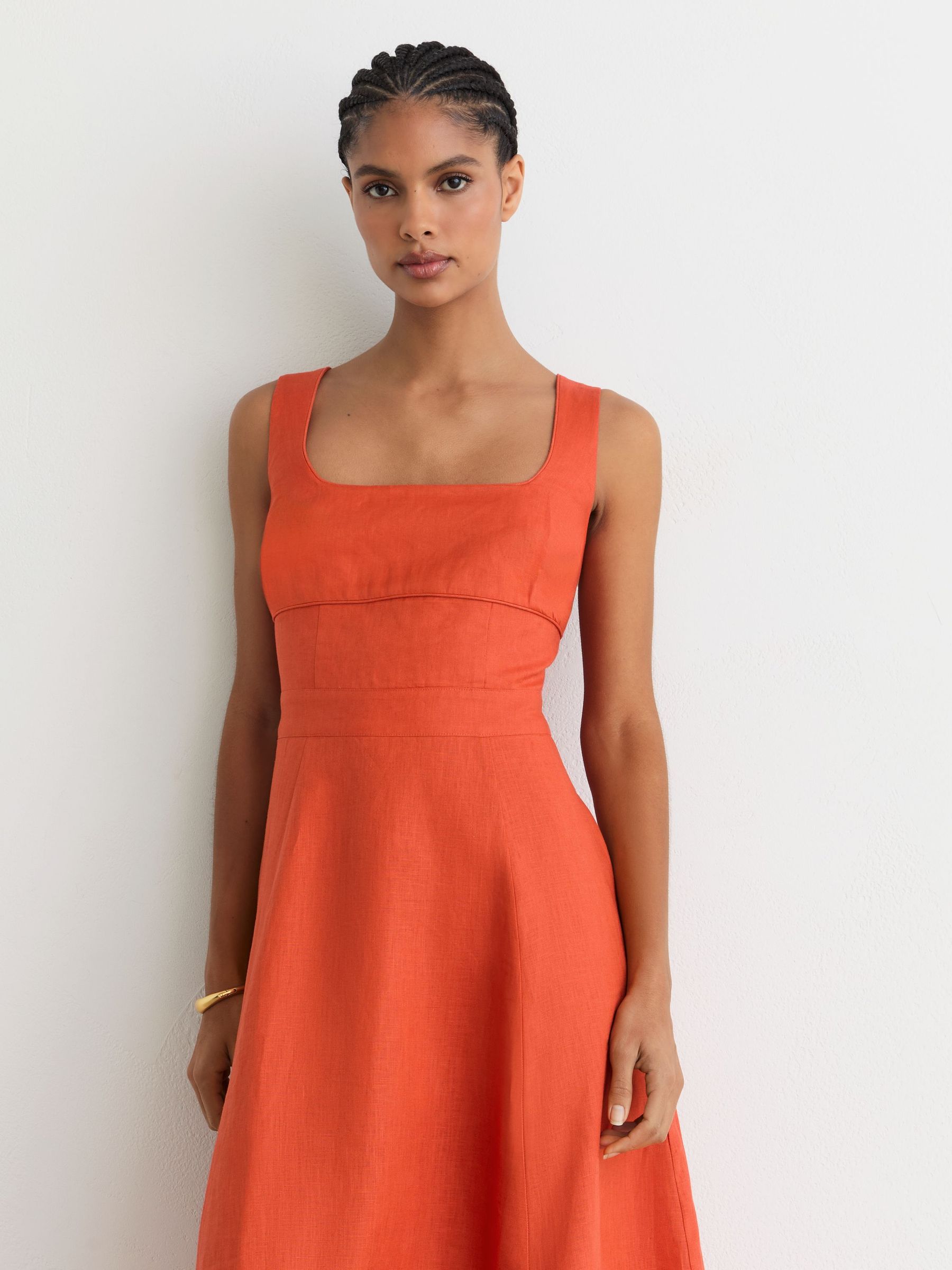 Linen Square-Neck Midi Dress in Coral Orange - image 3