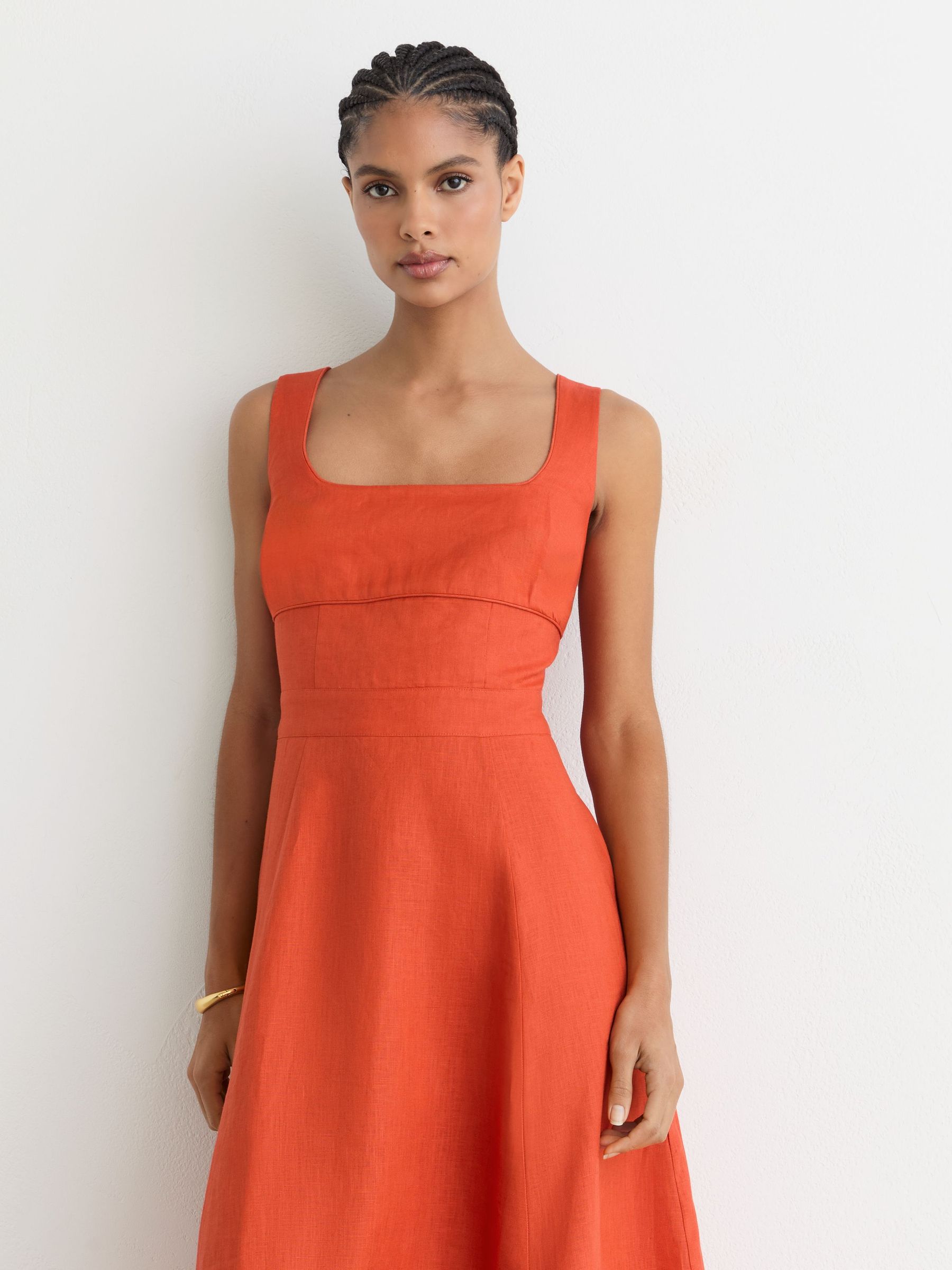 Linen Square-Neck Midi Dress in Coral Orange - Image 6 of 7