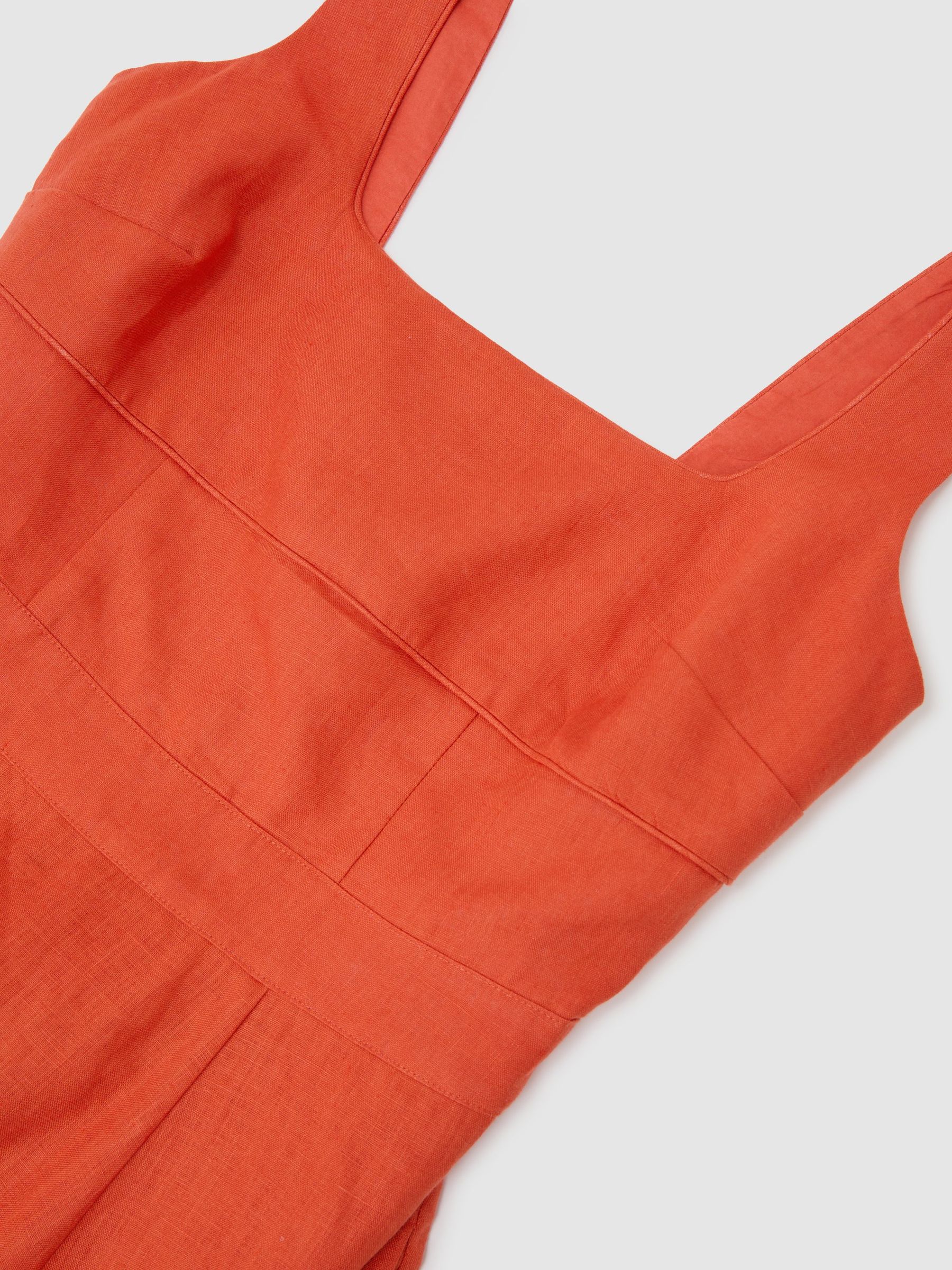 Linen Square-Neck Midi Dress in Coral Orange - image 4
