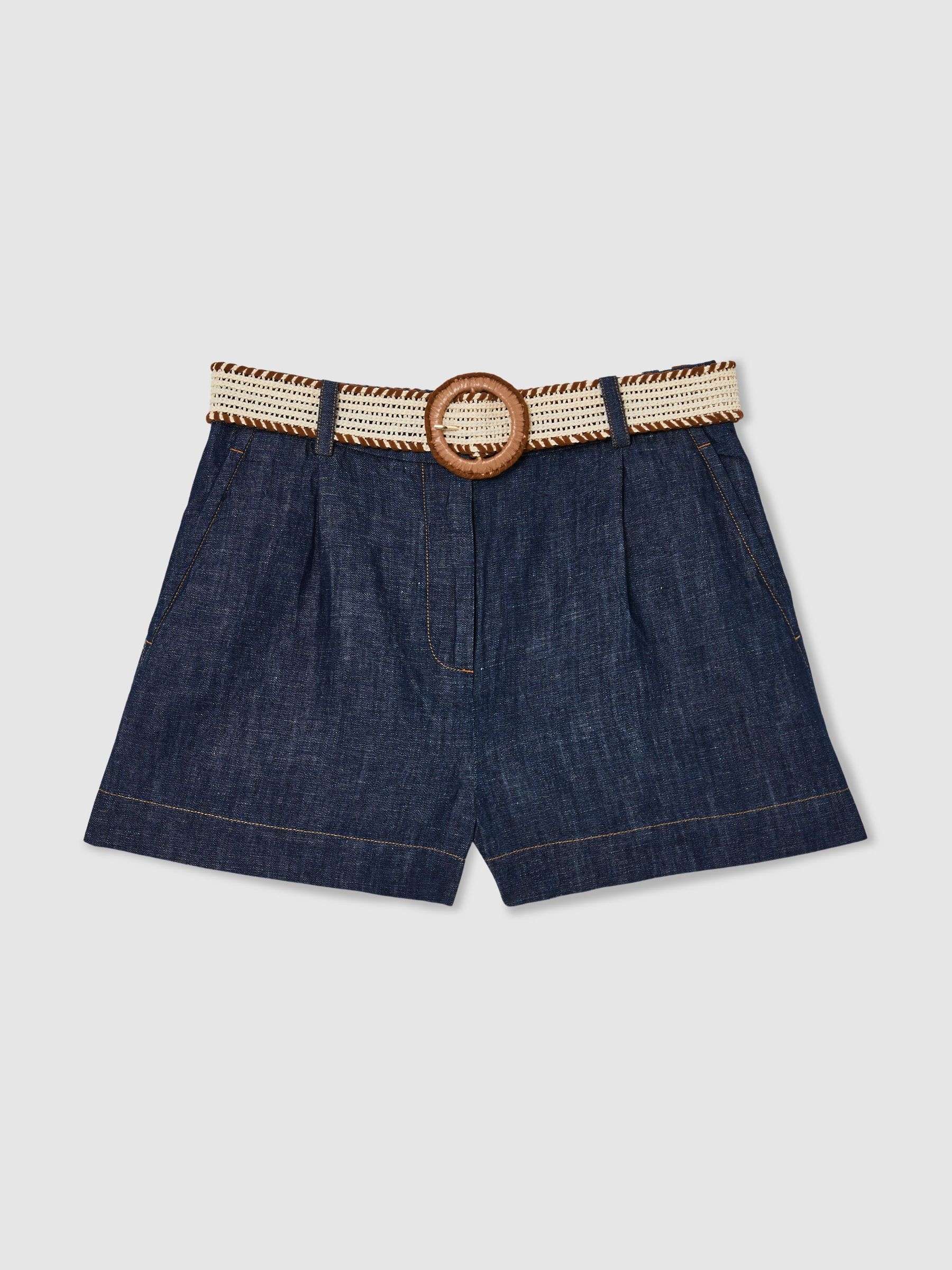 Cotton-Linen Belted Shorts in Indigo - image 1