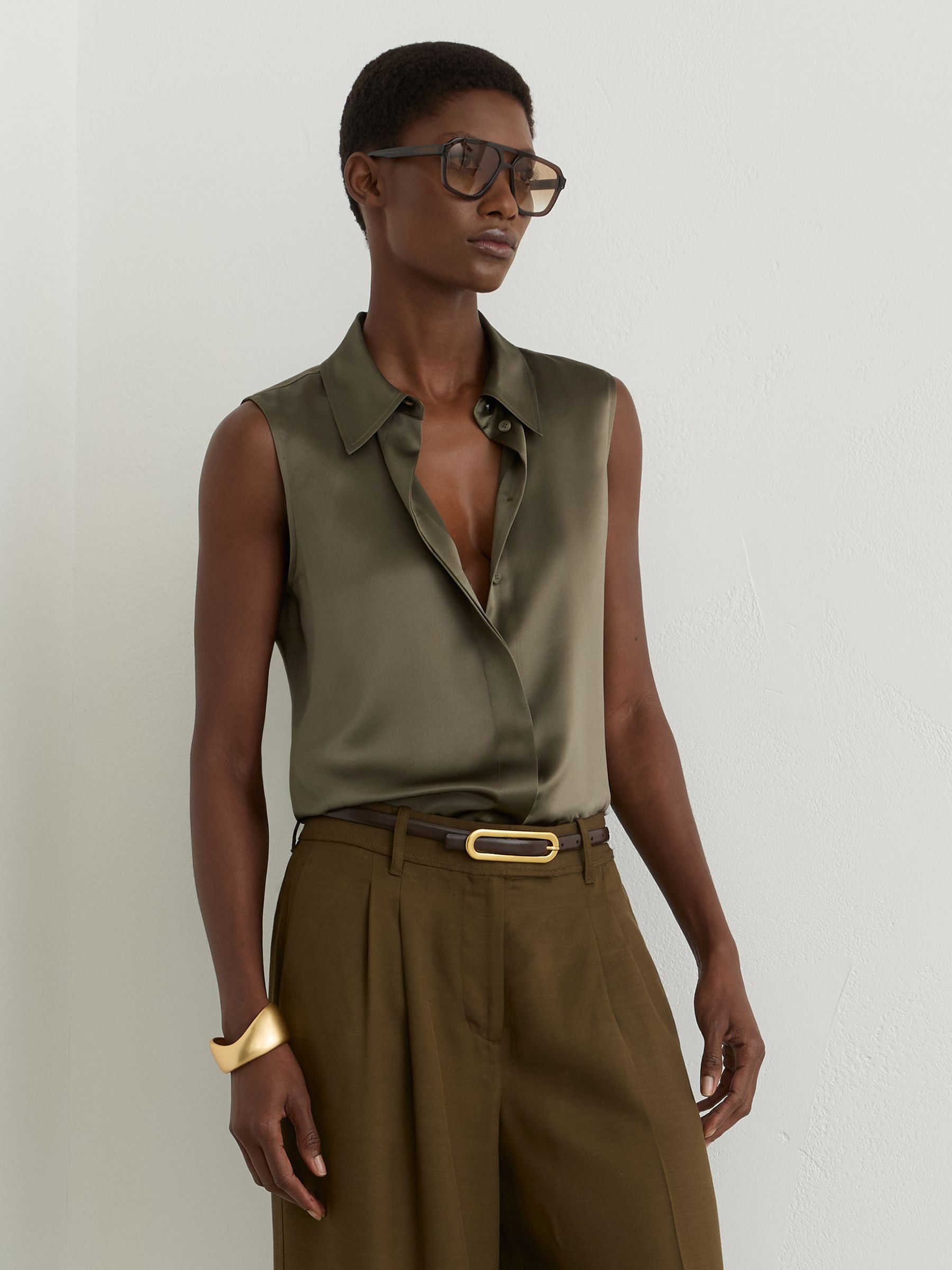 Silk Sleeveless Shirt in Khaki Green - Image 1 of 6