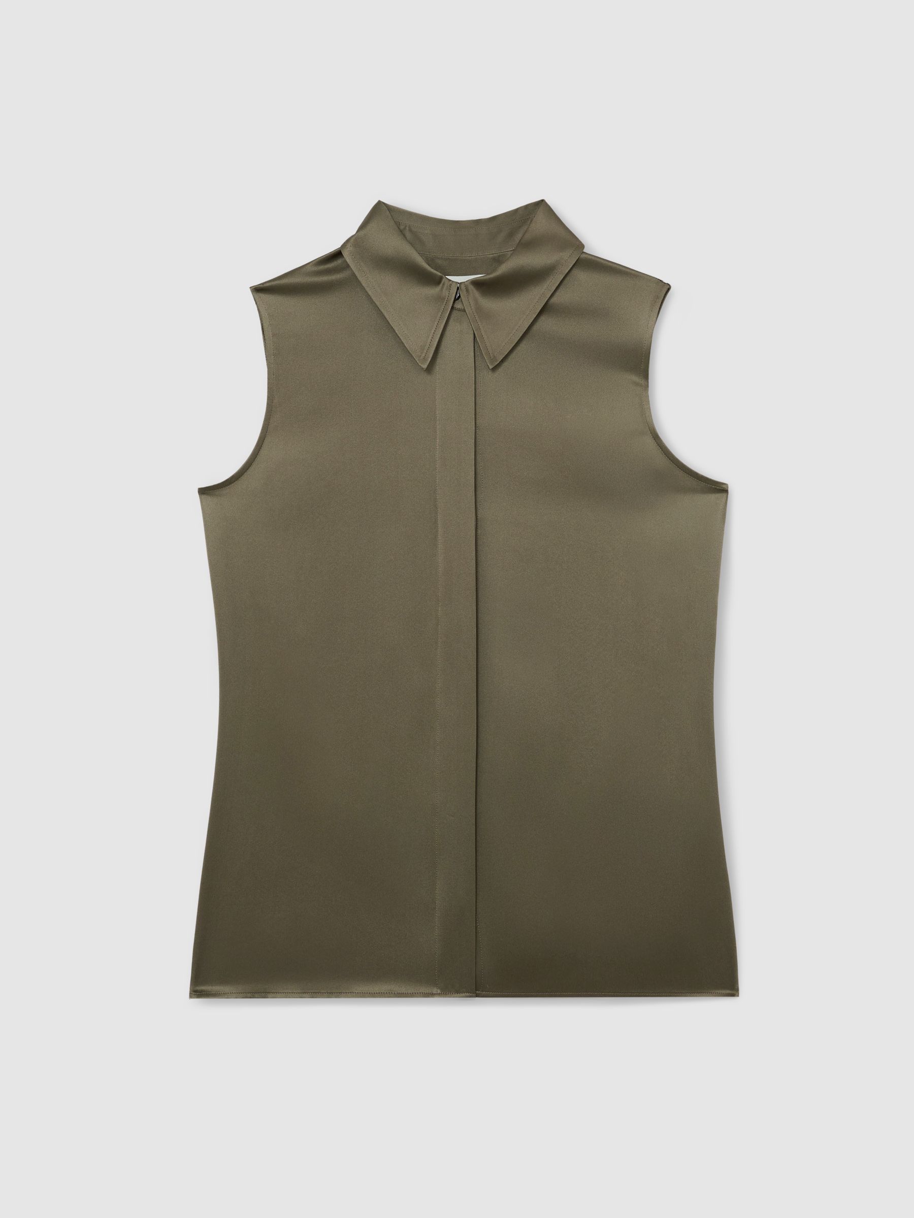 Silk Sleeveless Shirt in Khaki Green - Image 2 of 6