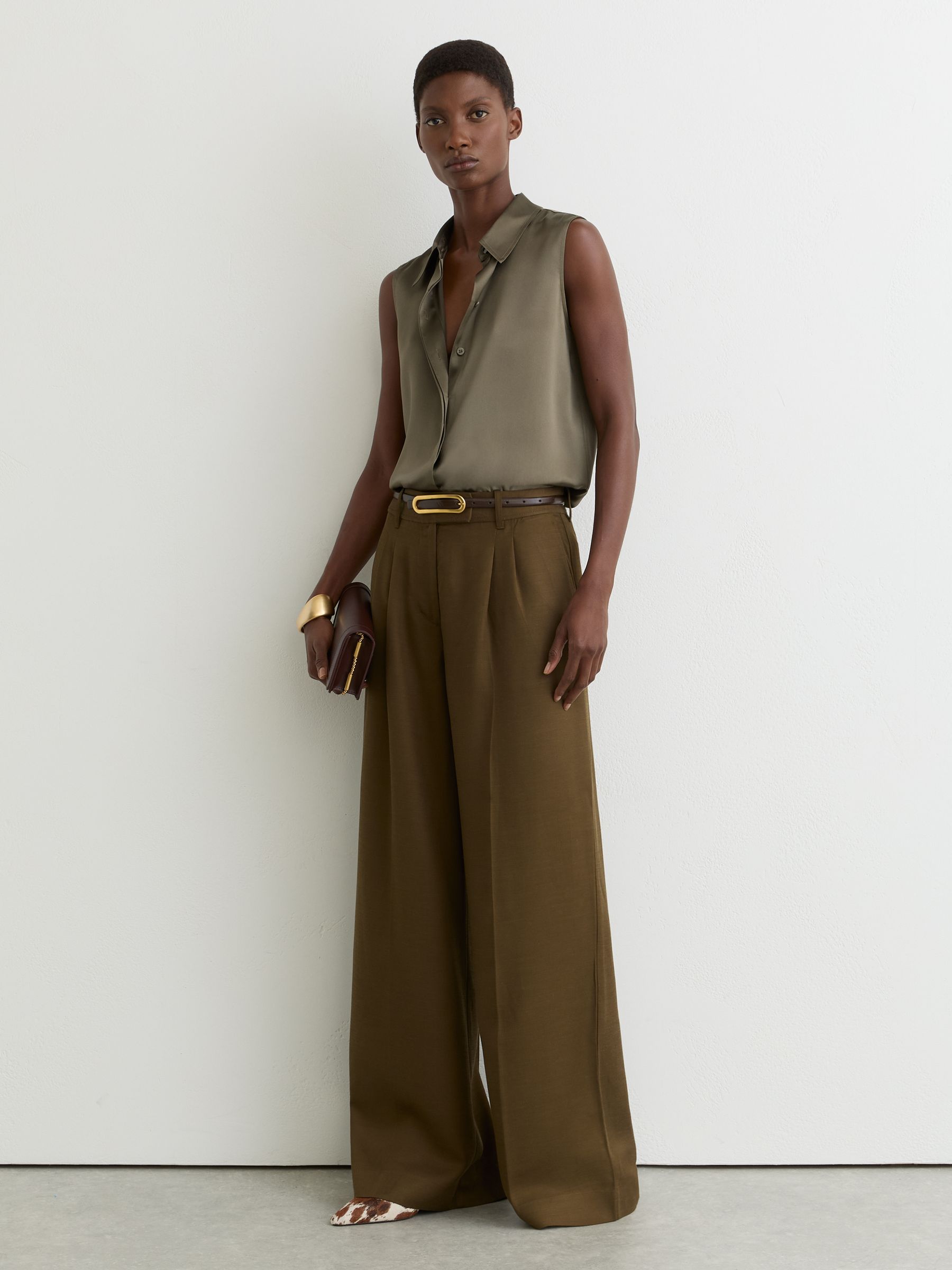 Silk Sleeveless Shirt in Khaki Green - Image 3 of 6