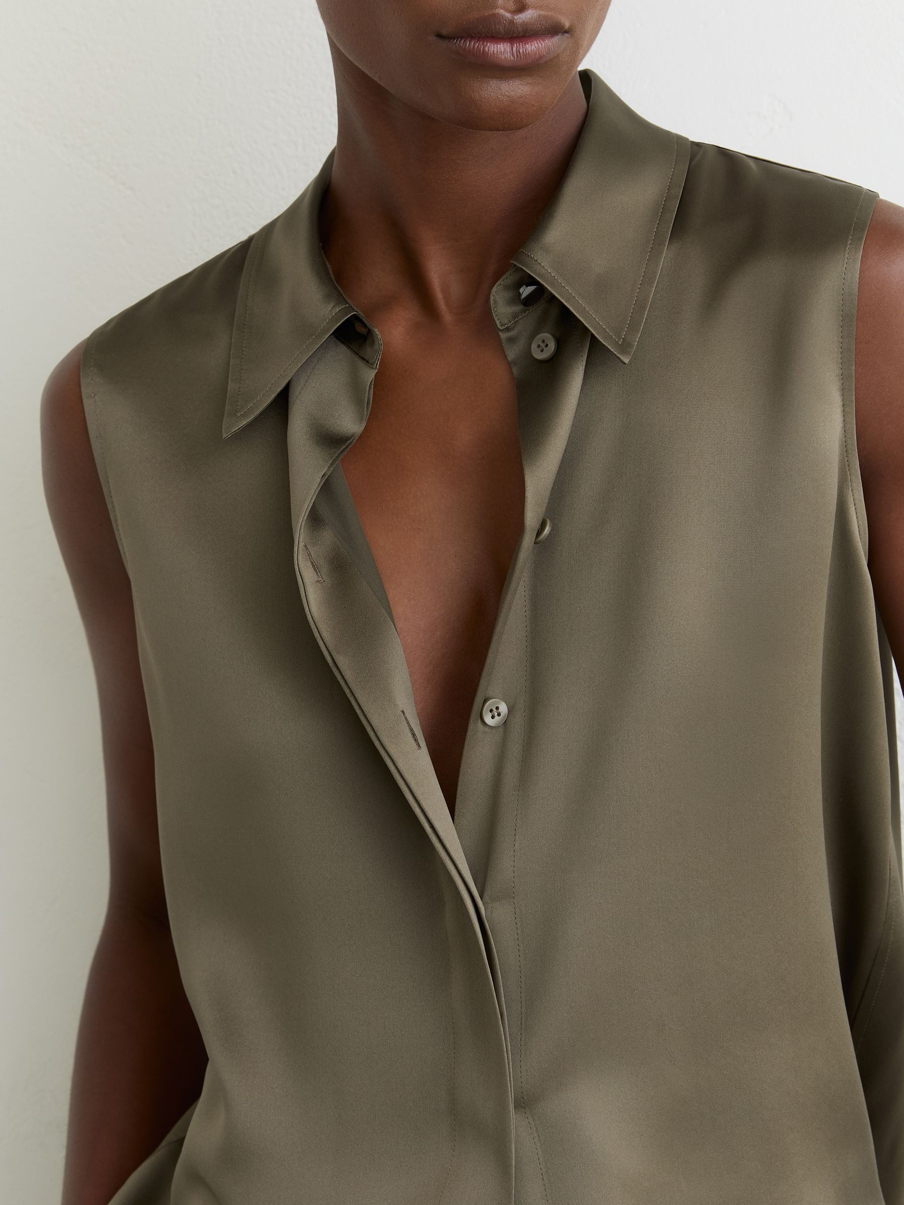 Silk Sleeveless Shirt in Khaki Green - Image 4 of 6