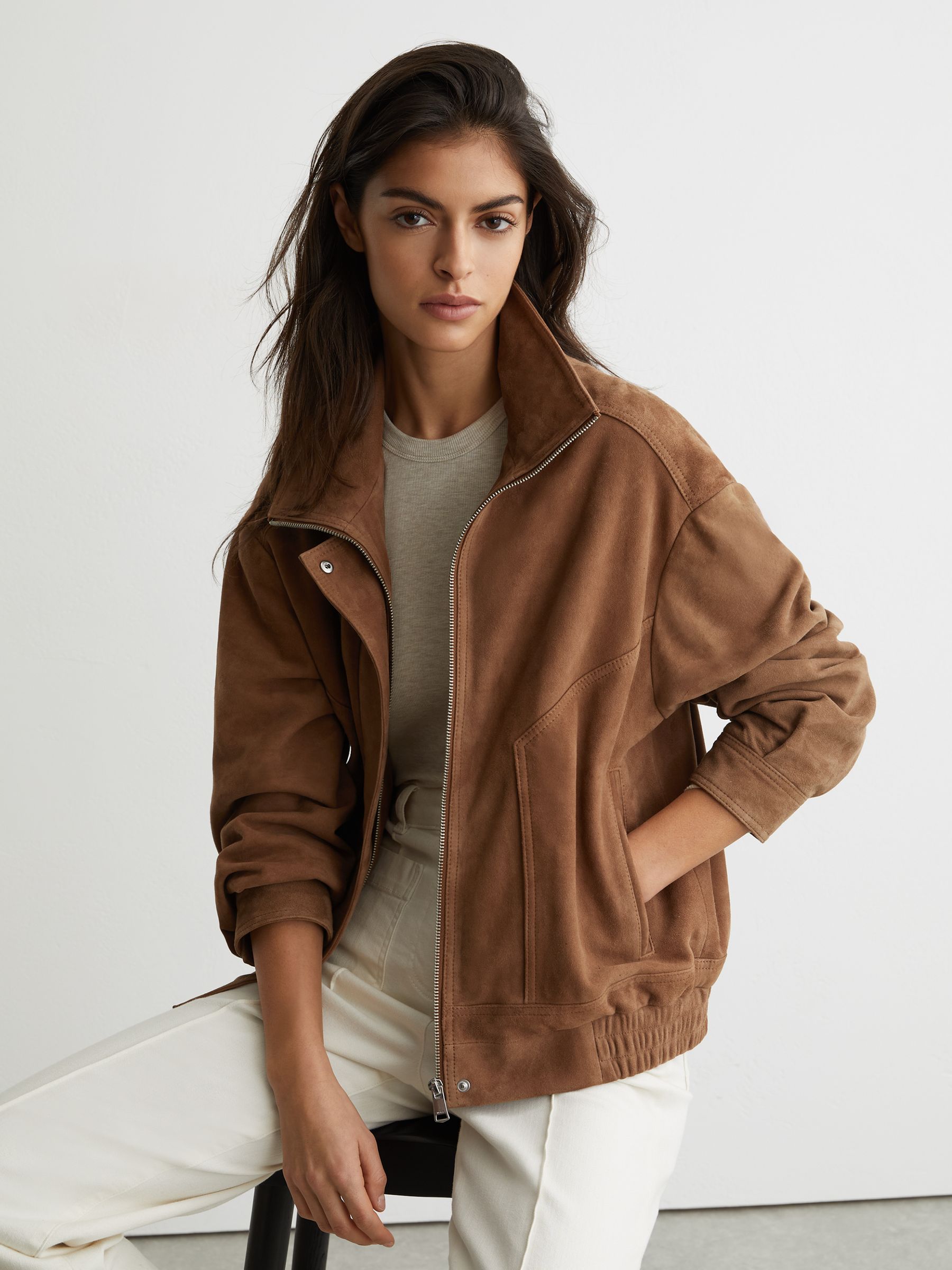 Petite Suede Funnel-Neck Bomber Jacket in Tan - Image 1 of 7