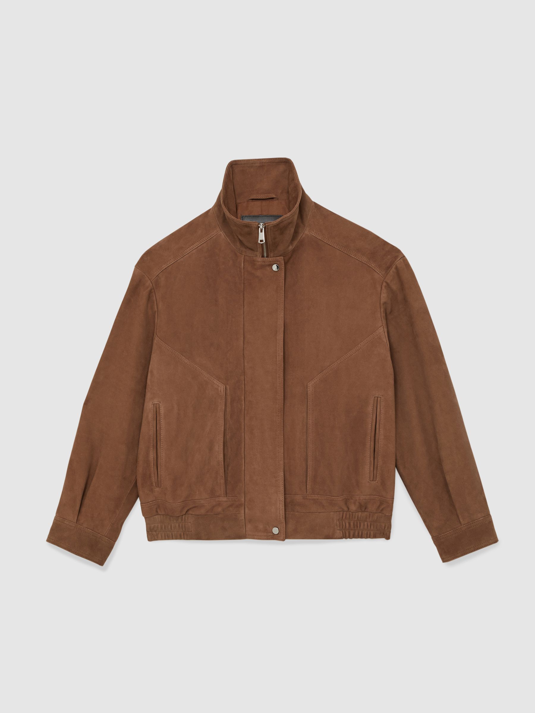 Petite Suede Funnel-Neck Bomber Jacket in Tan - Image 2 of 7