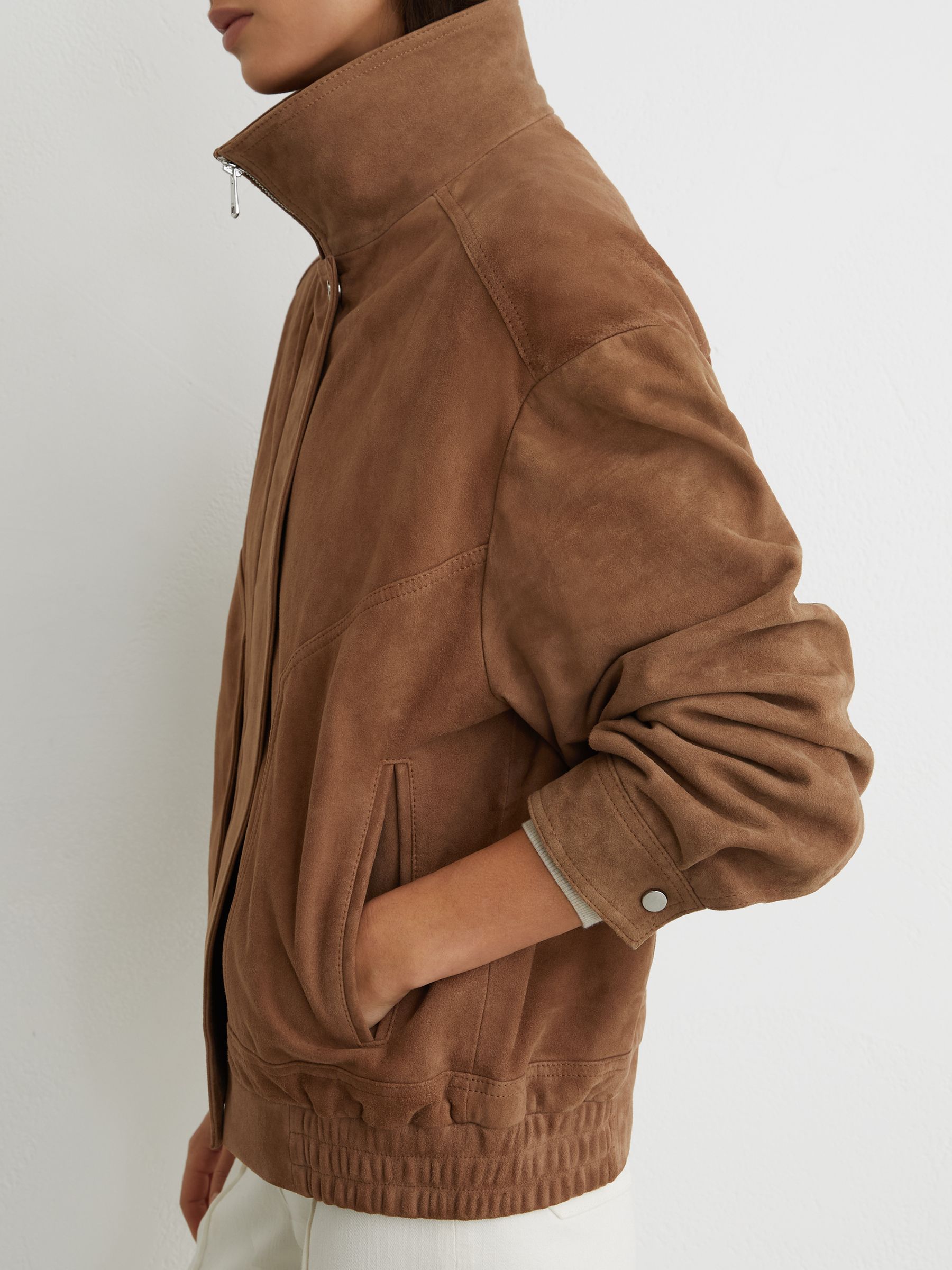 Petite Suede Funnel-Neck Bomber Jacket in Tan - Image 4 of 7
